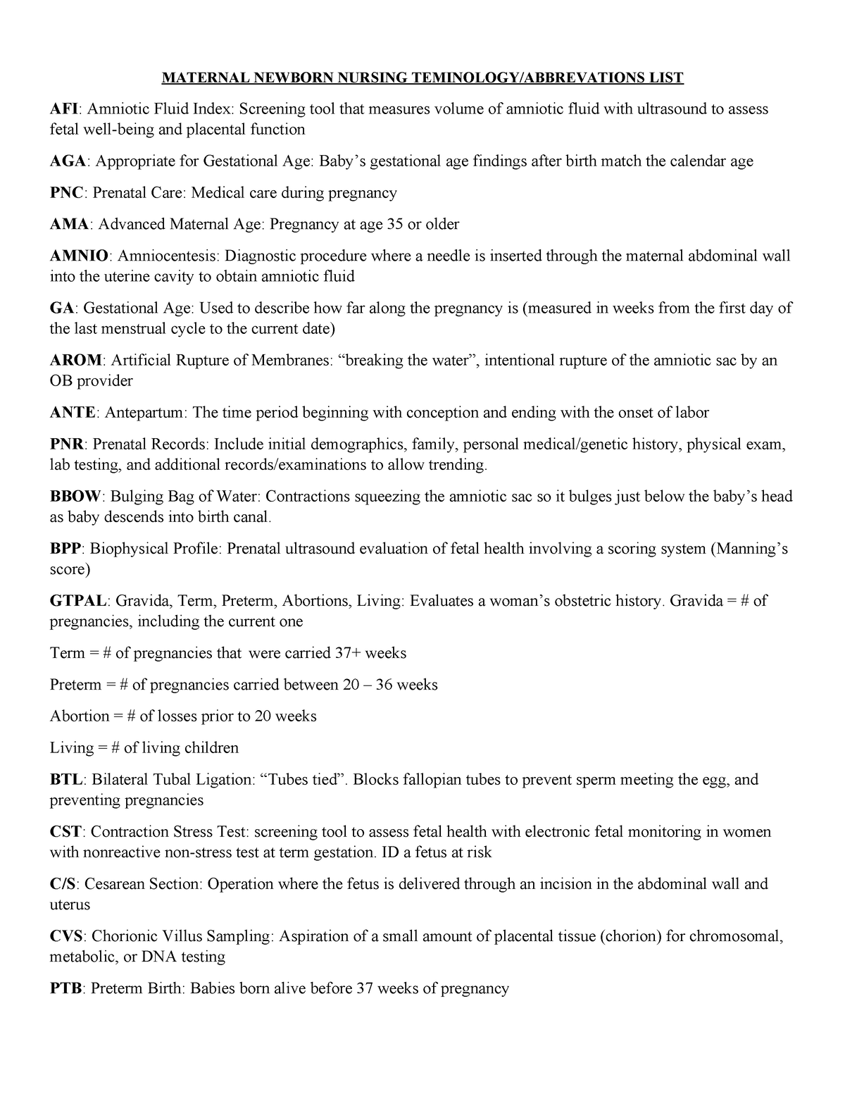 OB Abbreviation Explained - MATERNAL NEWBORN NURSING TEMINOLOGY ...