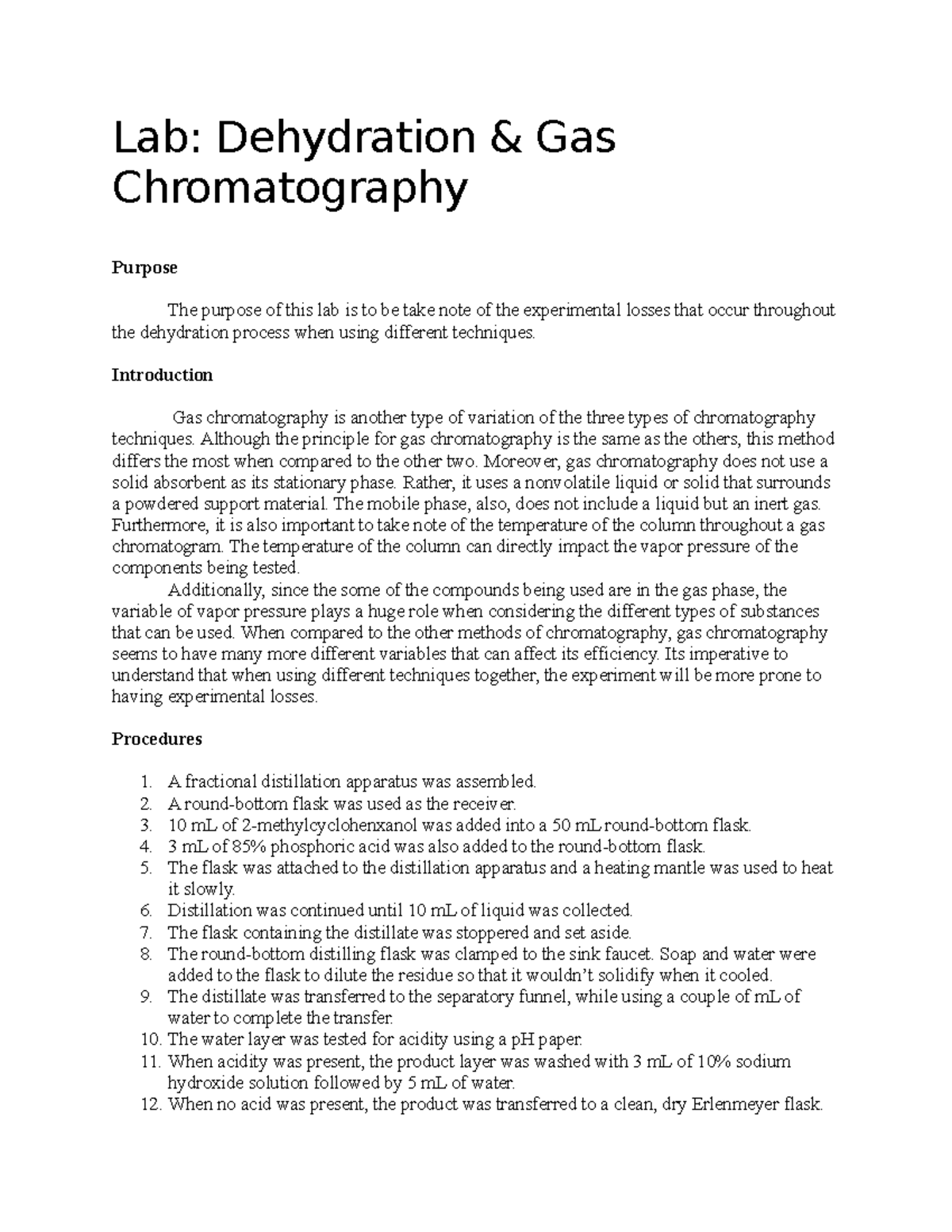 LAB Dehydration and Gas Chromatography CHM 2210 FIU Studocu