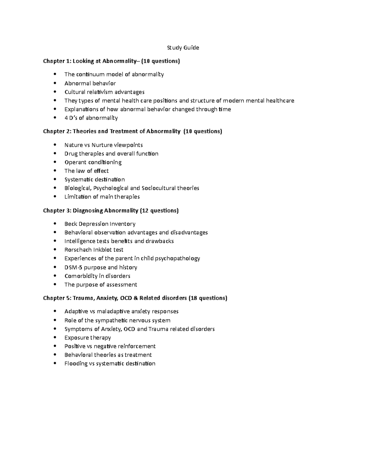 Exam 1 Study Guide SP23 - Study Guide Chapter 1: Looking at Abnormality ...
