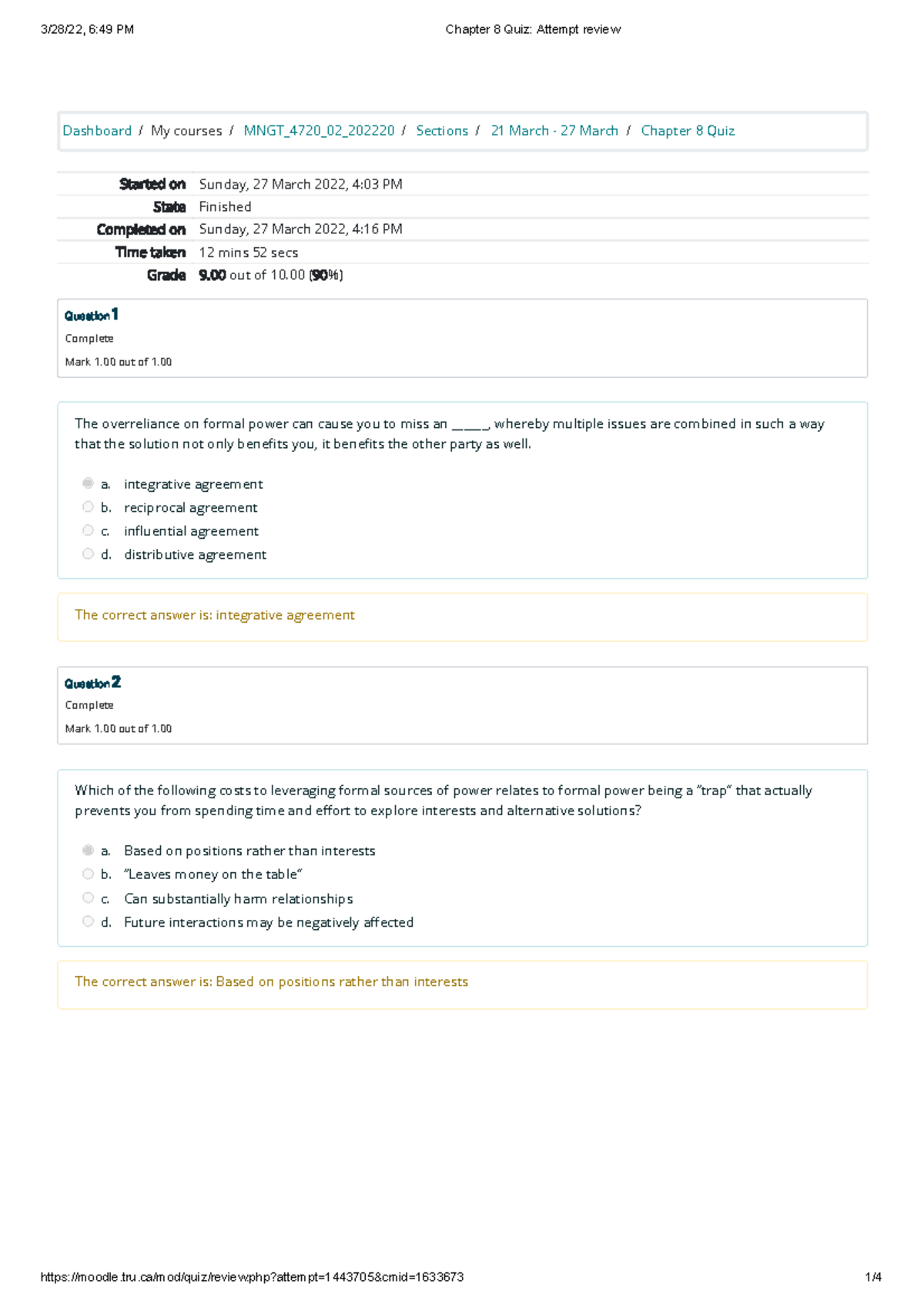 Chapter 8 Quiz 2 Attempt review - Dashboard / My courses / MNGT_4720_02 ...