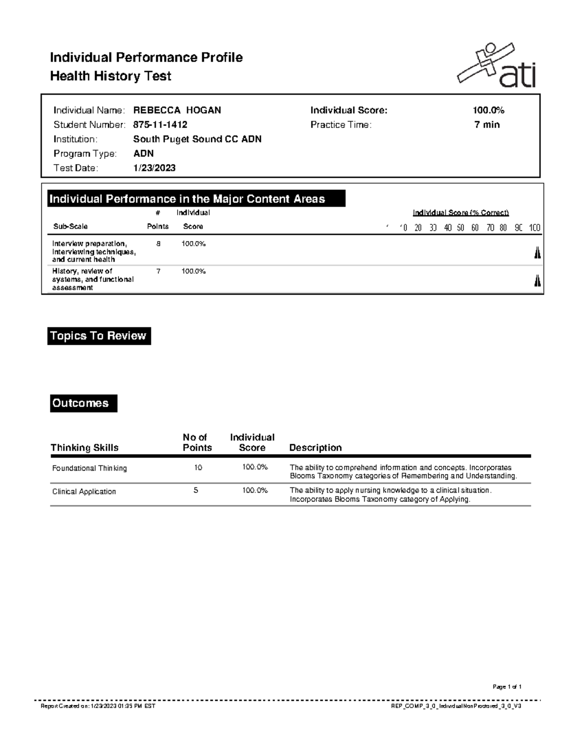 Healthhistoryscore ATI Health assess health history quiz Individual