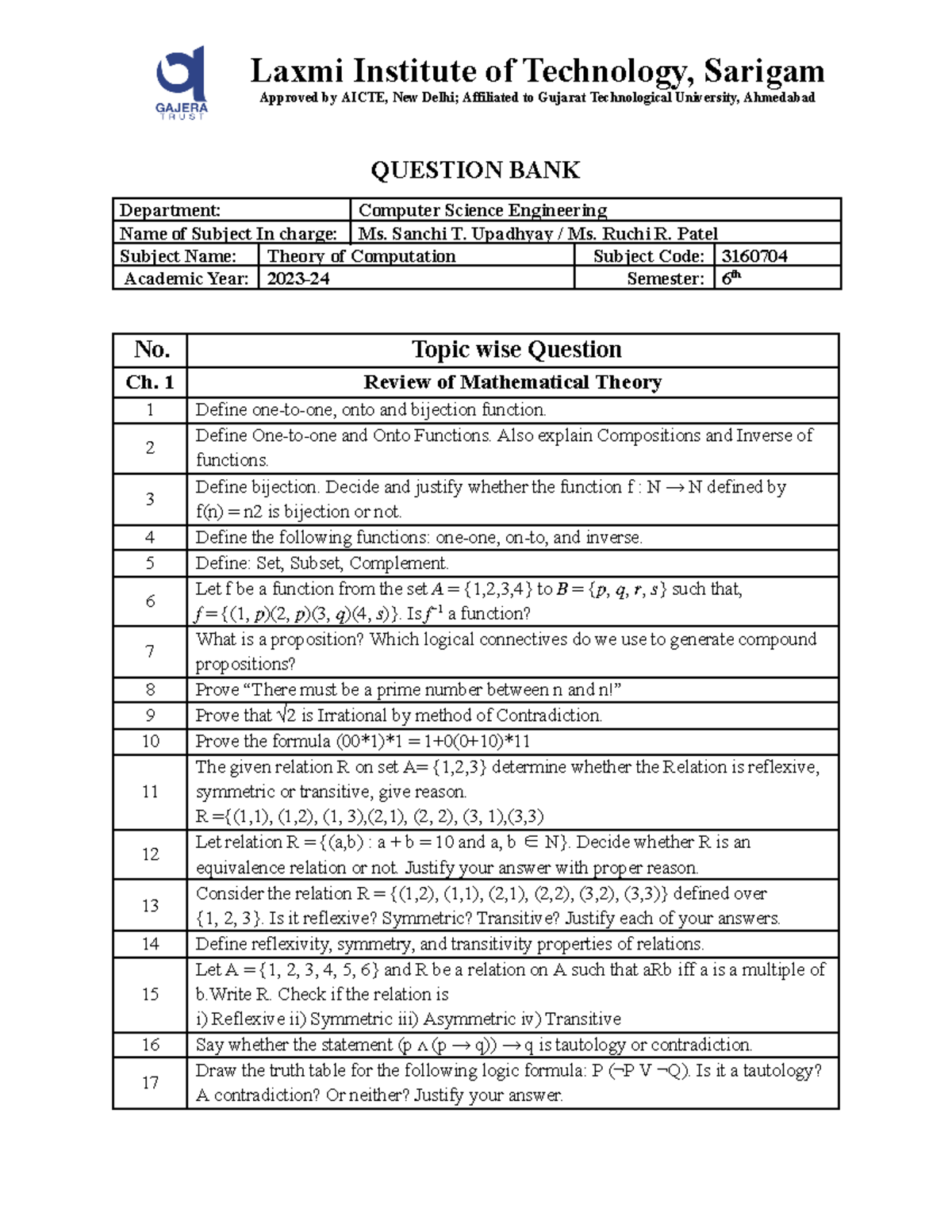 Question Bank TOC - Approved By AICTE, New Delhi; Affiliated To Gujarat ...