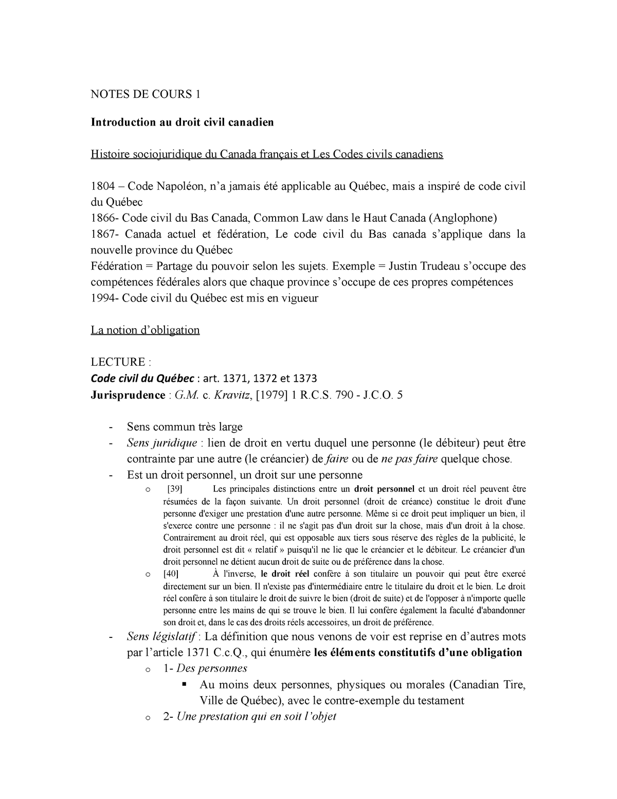 Notes De Cours 1 A 6 Notes De Cours 1 Introduction Au Droit Civil Canadien Histoire Studocu