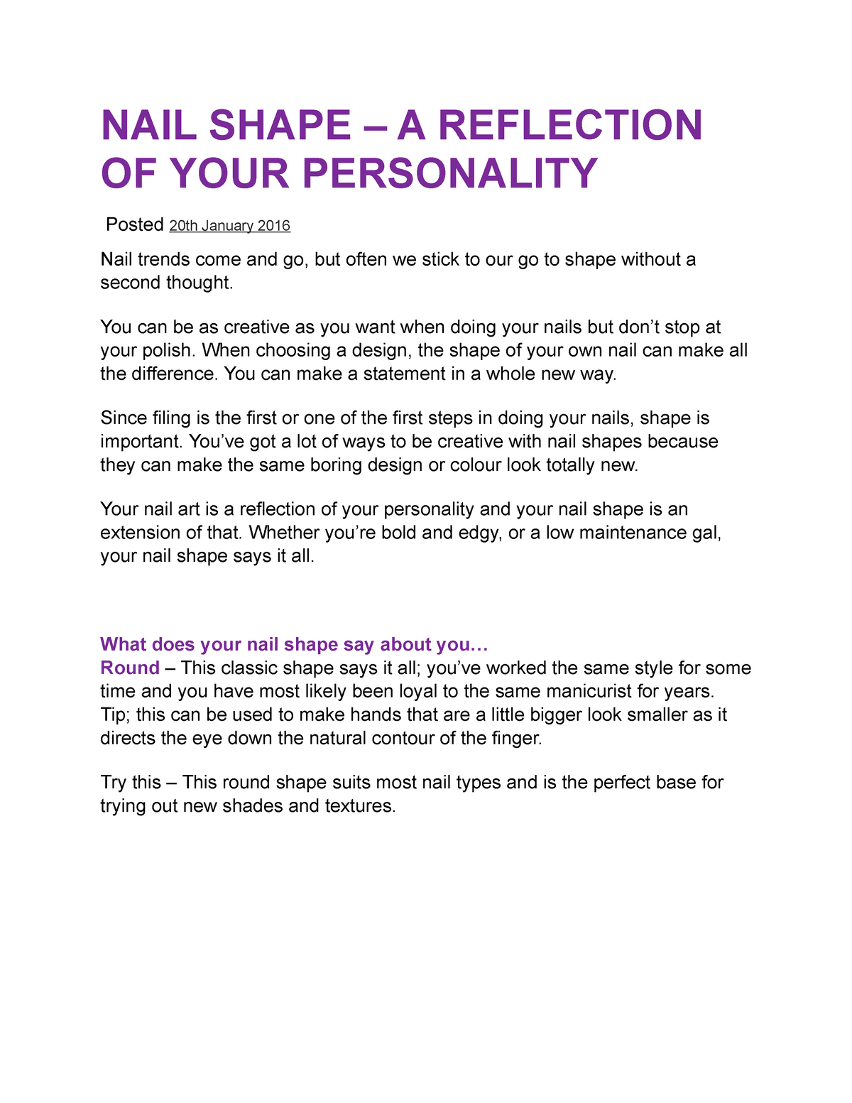 Shape to you personality - NAIL SHAPE – A REFLECTION OF YOUR PERSONALITY  Posted 20th January 2016 - Studocu