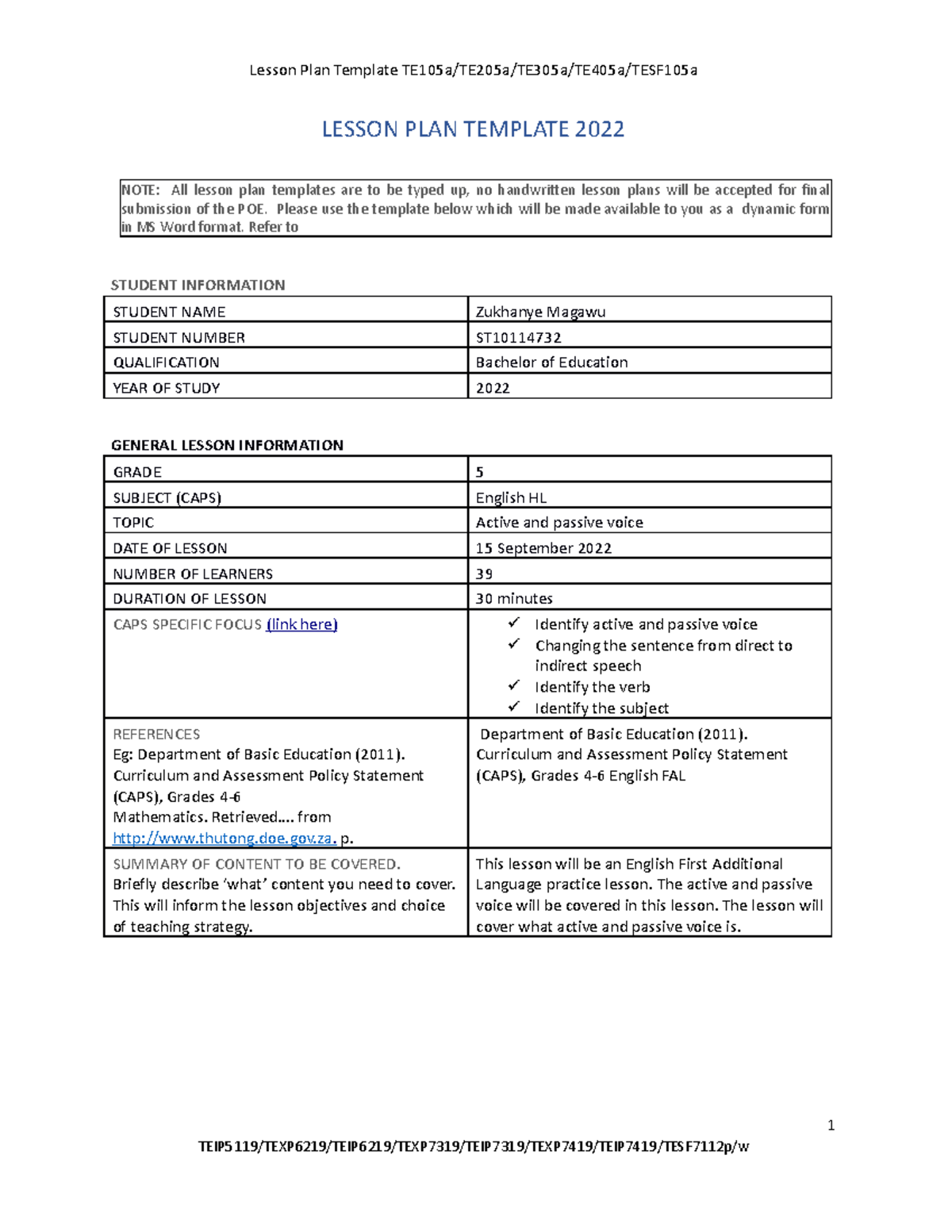 English Lesson PLAN 2 - Lesson Plan Template TE105a/TE205a/TE305a ...
