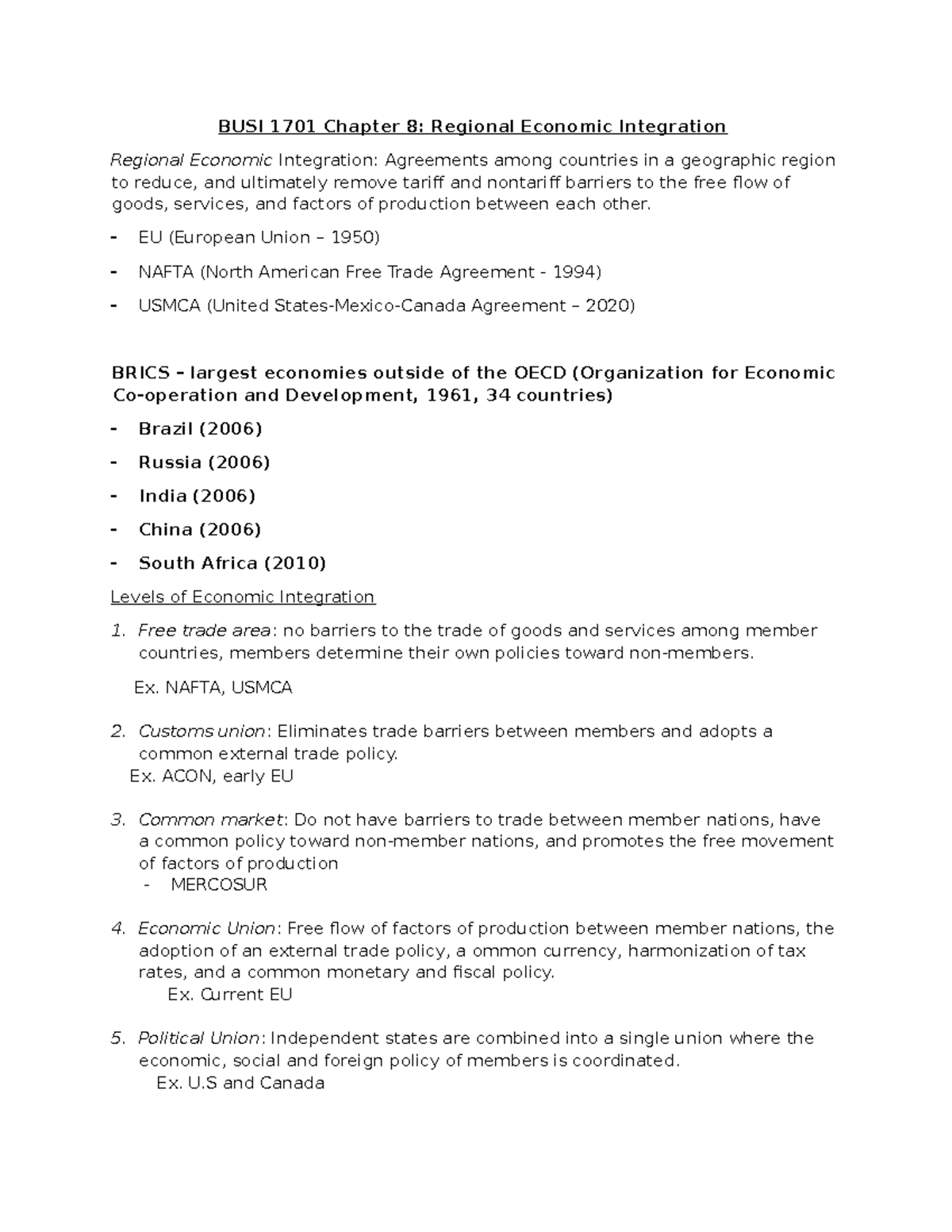 Chapter 8 Notes - Regional economic integration - BUSI 1701 Chapter 8 ...