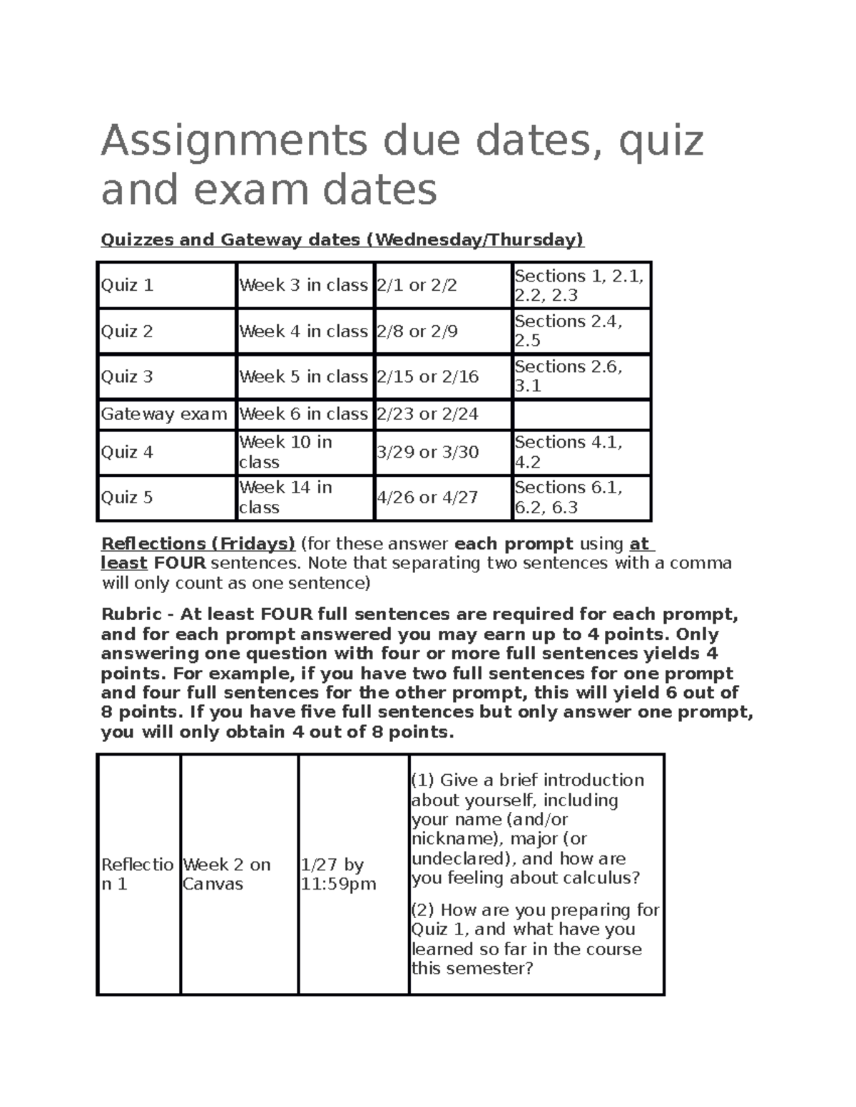 Assignments due dates - Quiz 2 Week 4 in class 2/8 or 2/ Sections 2, 2 ...