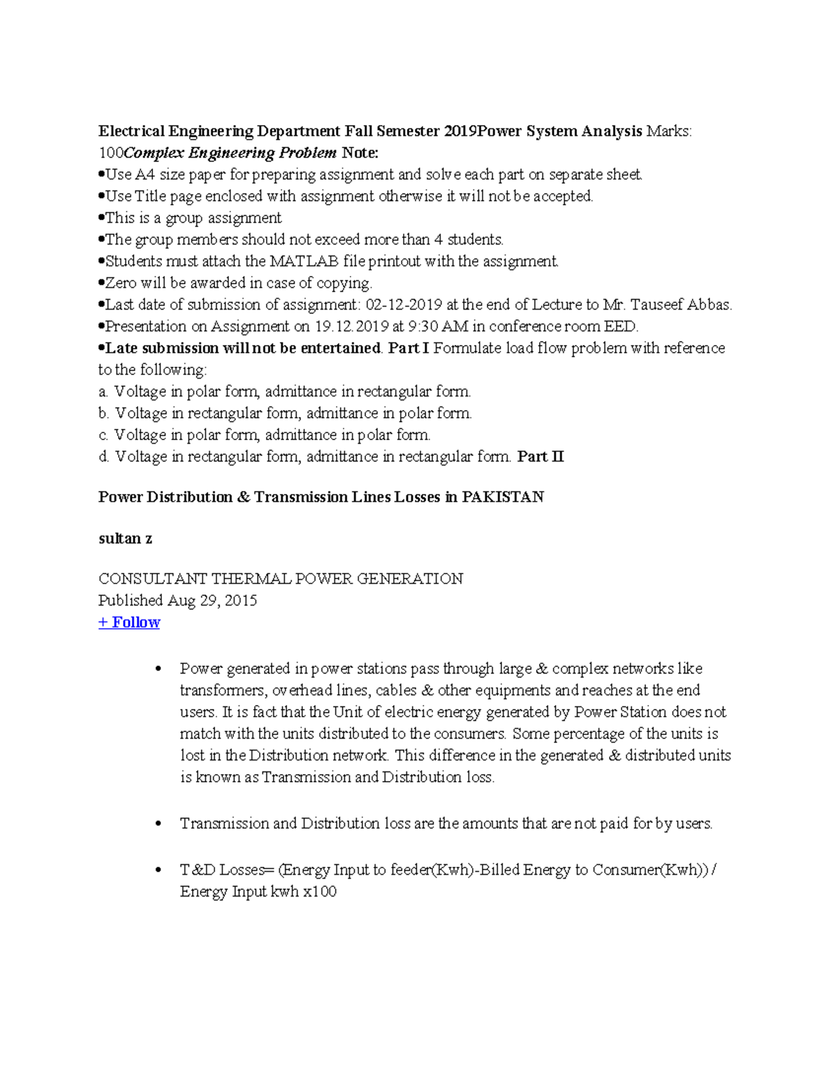 open ended lab of power system Electrical Engineering Department Fall