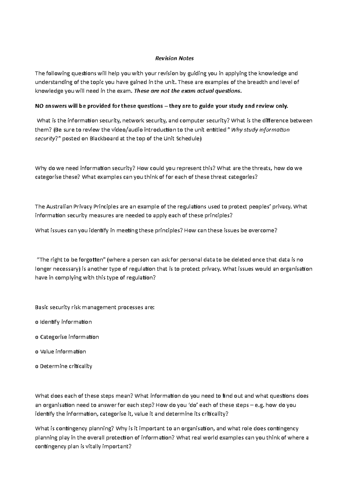 Sample/practice exam 20 May Autumn 2017, questions - Revision Notes The ...