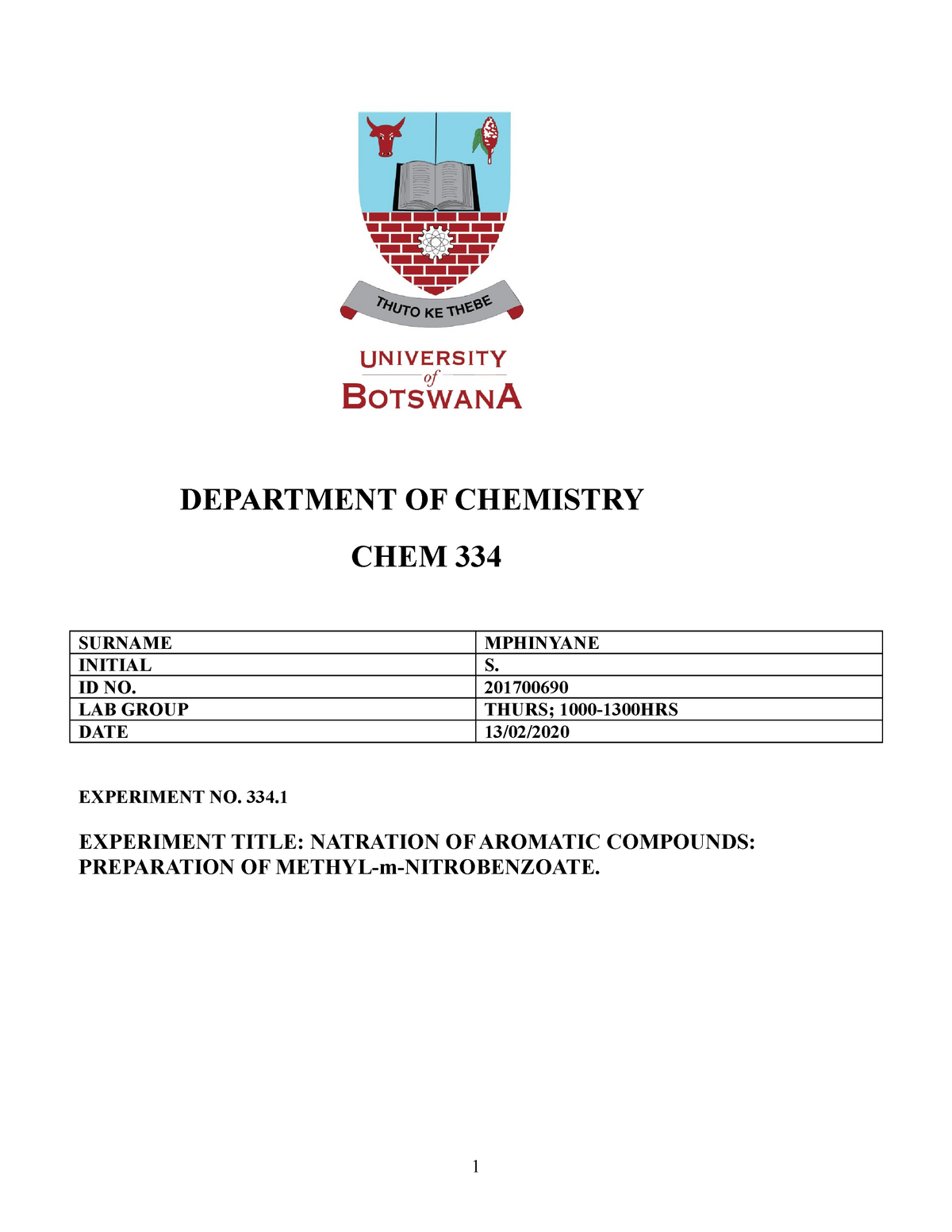 Lab 334 Nitration Of Aromatic Pounds Preparation Of Methyl M Nitrobenzoate Lab Report Studocu