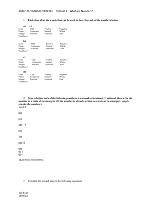 Solutions To Tutorial 1 - What Are Numbers - 2ABU101/ CABU101/CCBC101 ...