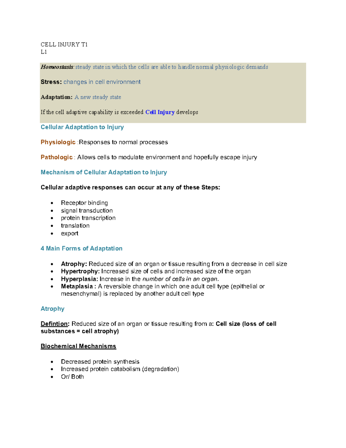 CELL Injury - CELL INJURY T L Homeostasis:steady state in which the ...