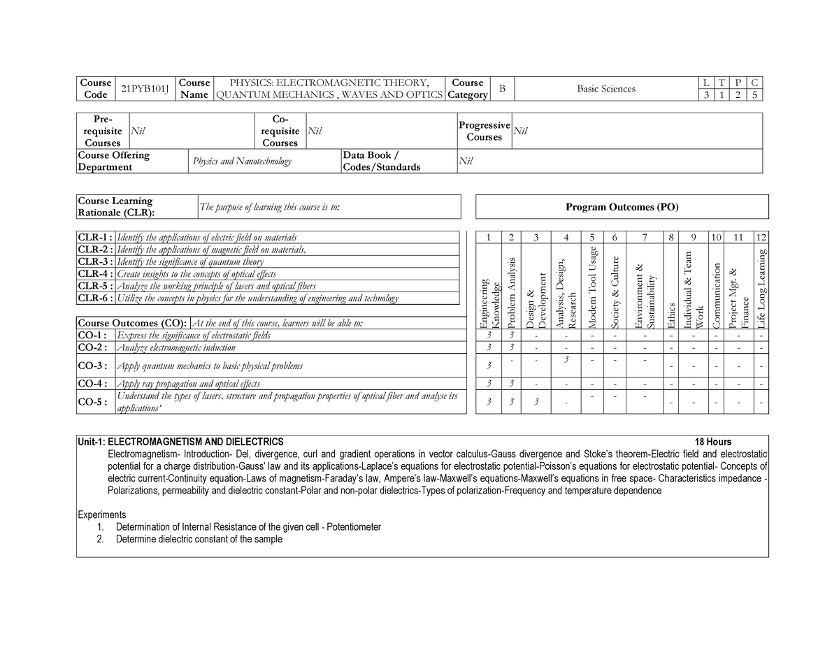 21 regulation - Physics courses-Circulation - Course Code 21PYB101J ...