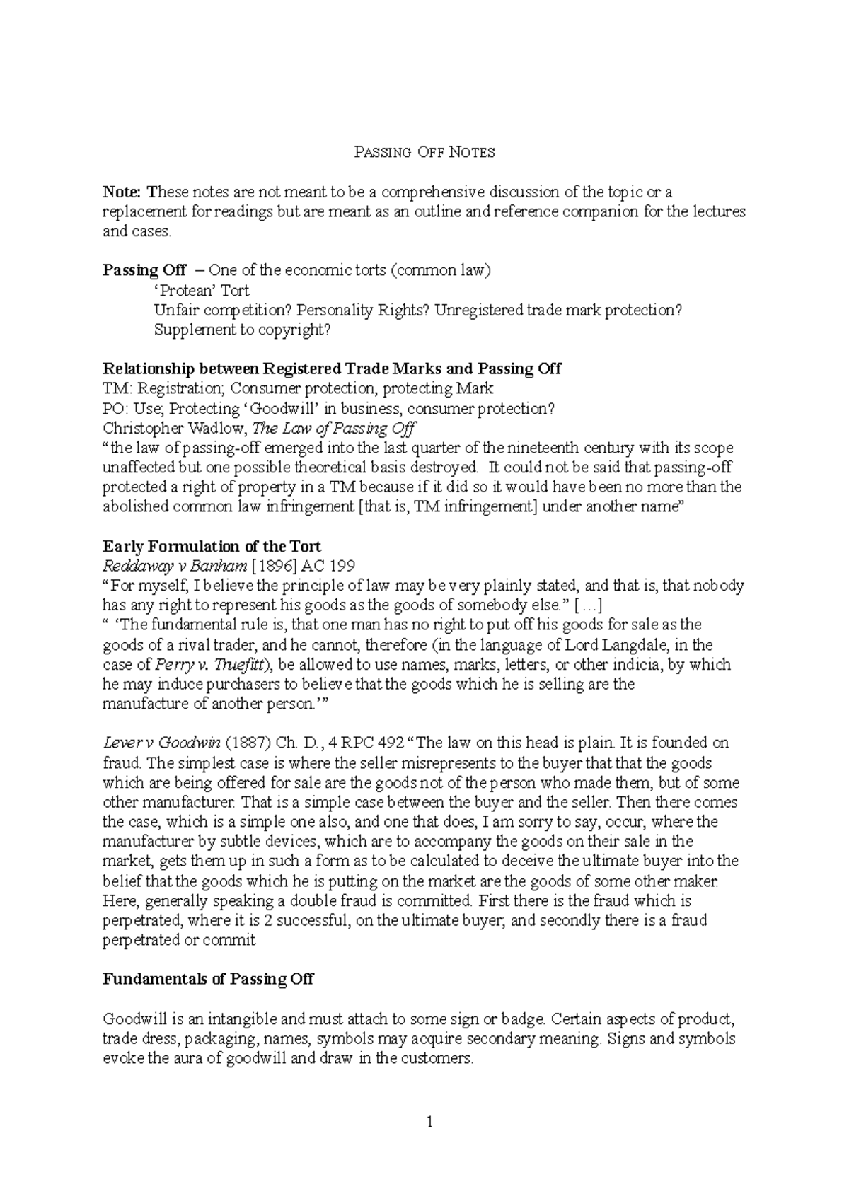Notes Passing Off - PASSING OFF NOTES Note: T hese notes are not meant ...