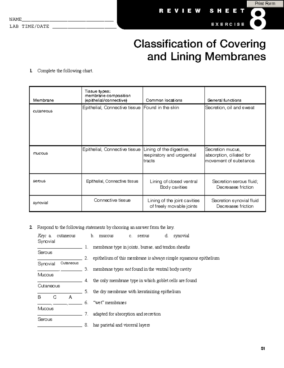 Review Sheet 8 Classification of covering and lining membranes 51 1