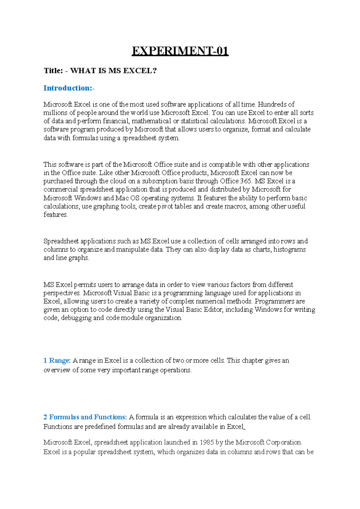 excel ASSIGNMENT - EXPERIMENT- Title: - WHAT IS MS EXCEL? Introduction ...