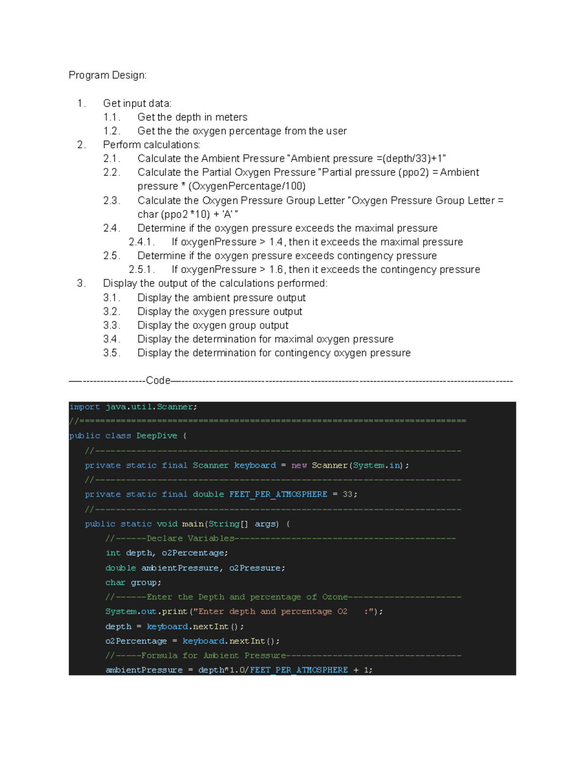 Deep Dive Computer programming lab assignment about scuba diving in