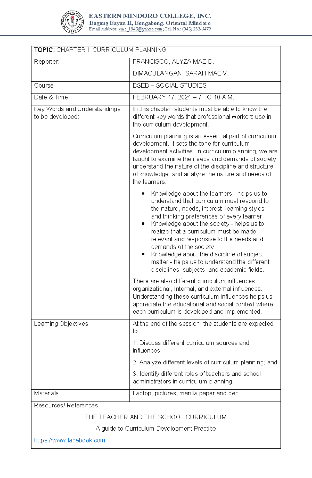 Chapter II Curriculum Planning 092840 - Bagong Bayan II, Bongabong ...