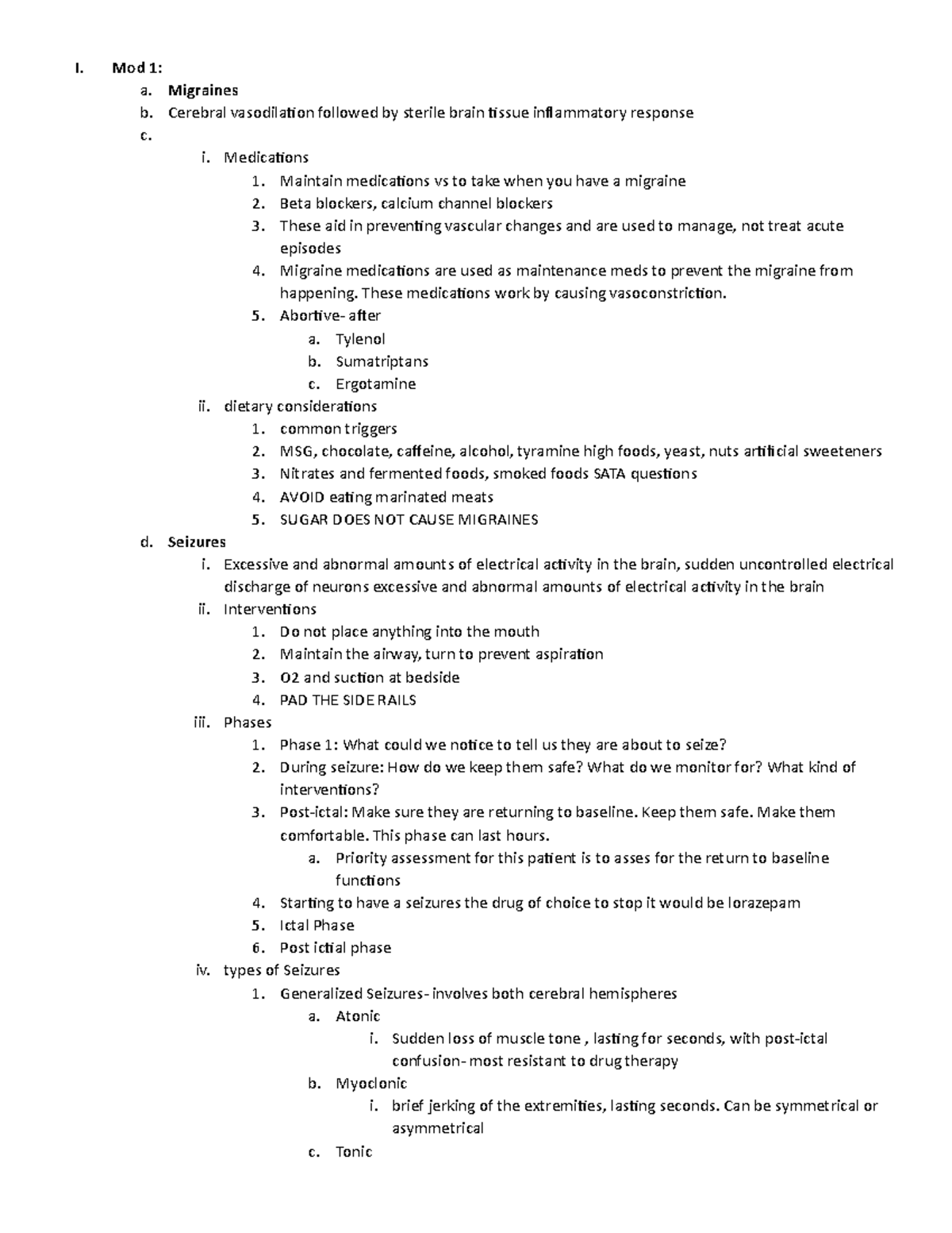 Exam 1 Module 1-4 Study Guide - I. Mod 1: a. Migraines b. Cerebral ...