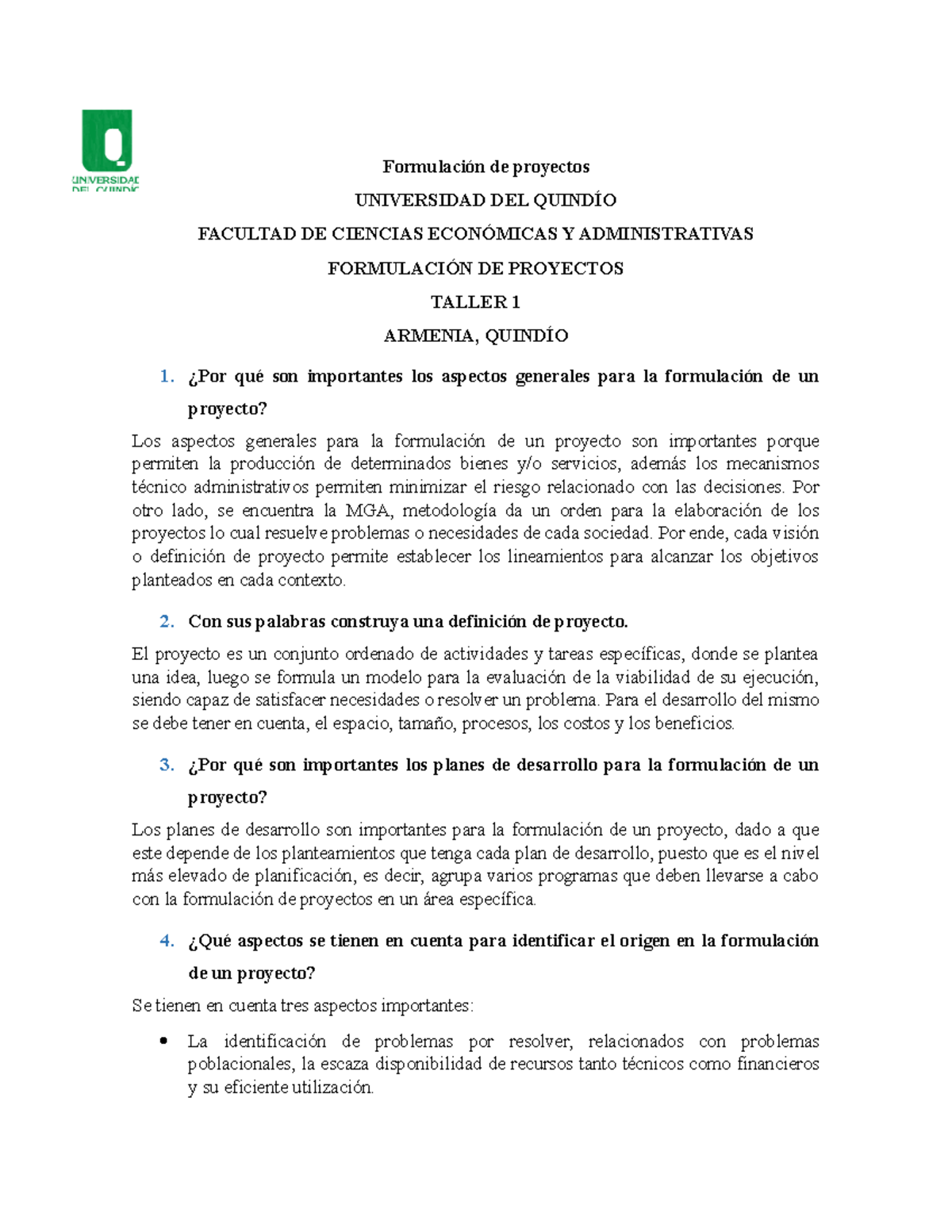 Taller 1 formulación de proyectos - Formulación de proyectos ...