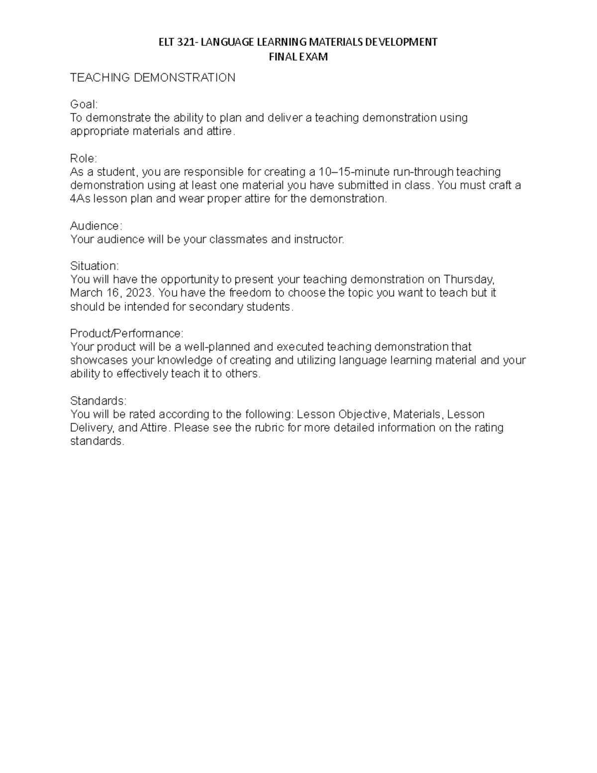 Teaching Demonstration ELT 321 LANGUAGE LEARNING MATERIALS