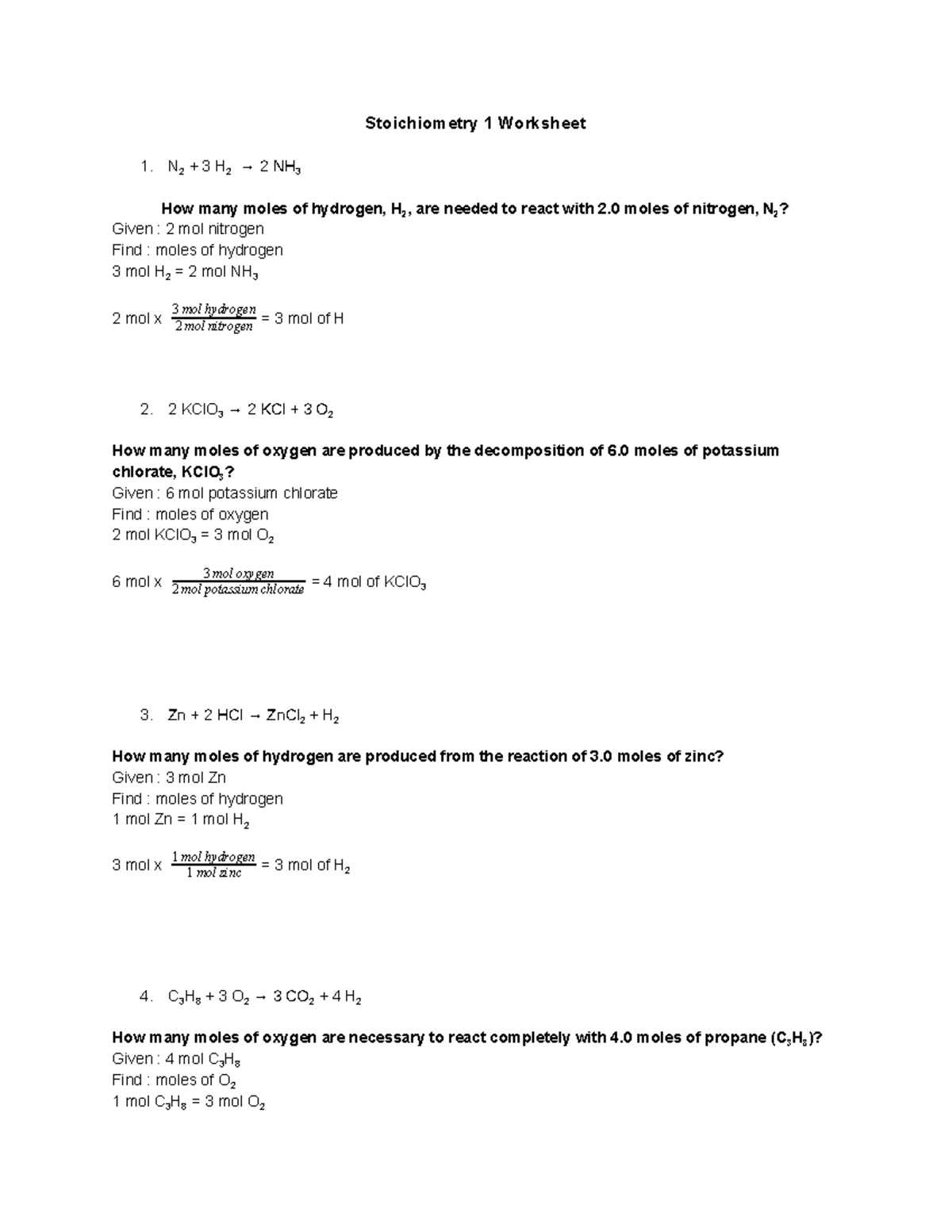 Stoichiometry 1 Worksheet - Stoichiometry 1 Worksheet 1. N 2 + 3 H 2 → ...