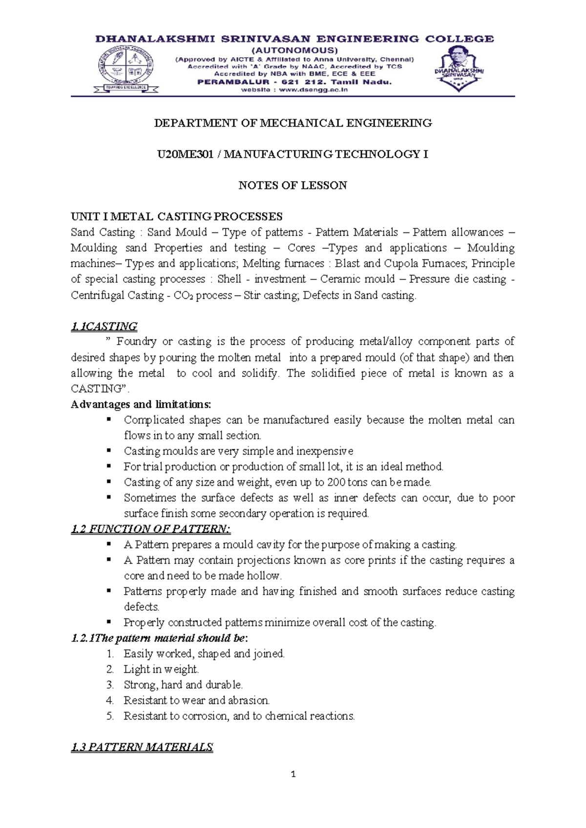 UNIT 1 - dffetg - DEPARTMENT OF MECHANICAL ENGINEERING U20ME301 ...