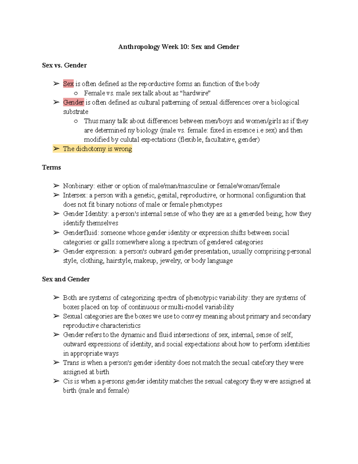 Anthropology Notes Week 10 Anthropology Week 10 Sex And Gender Sex Vs Gender Sex Is Often 0615