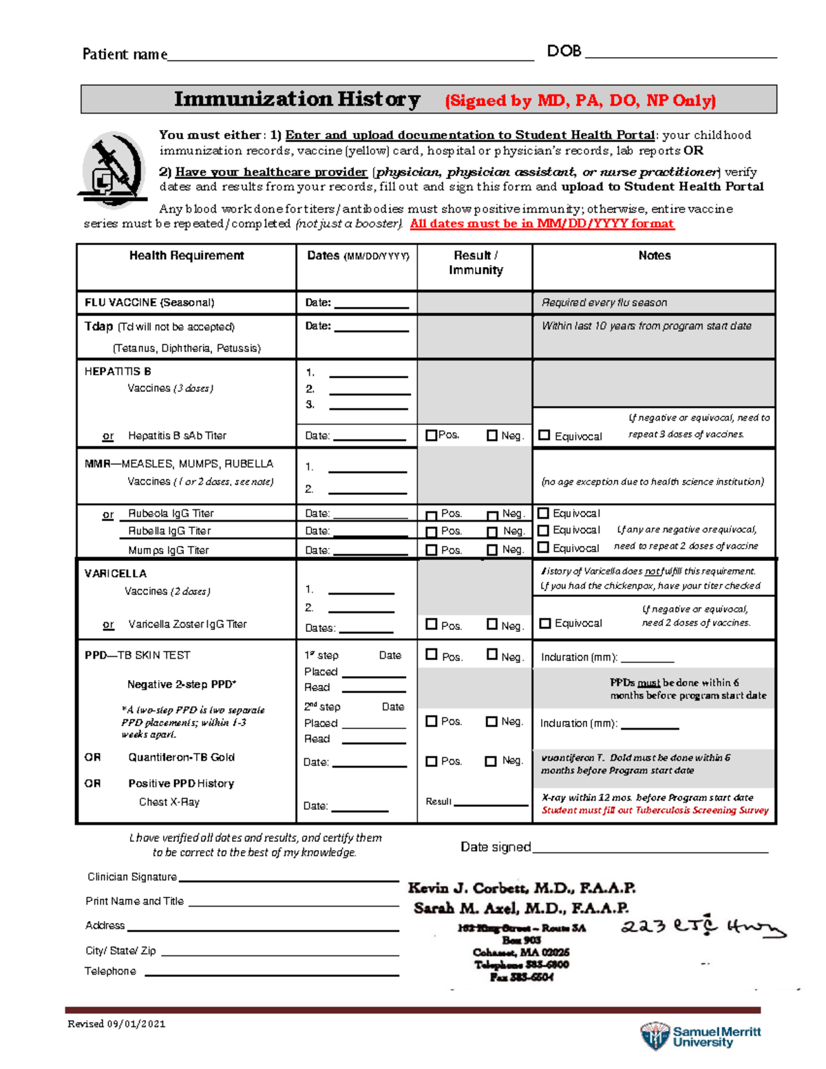 Immunization History - Here you go - Revised 09/01/ Patient name DOB ...
