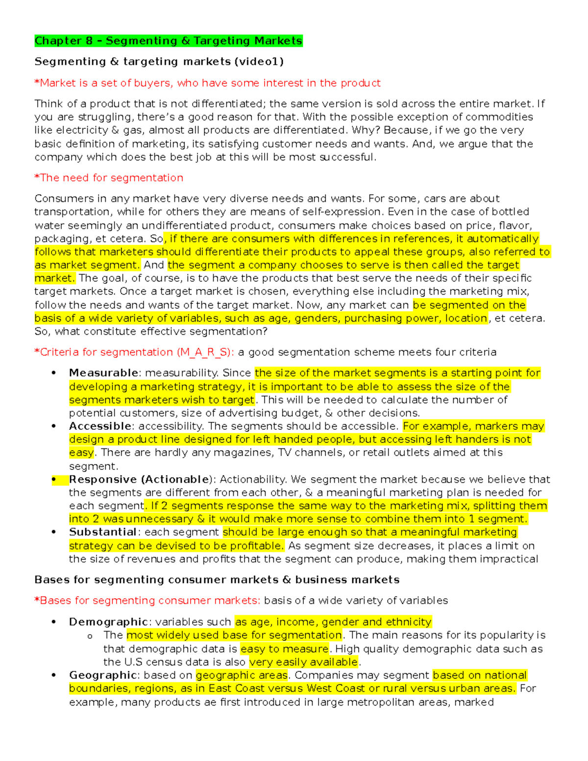 MKT note chapter 8 to 14 - Note - Chapter 8 – Segmenting & Targeting ...