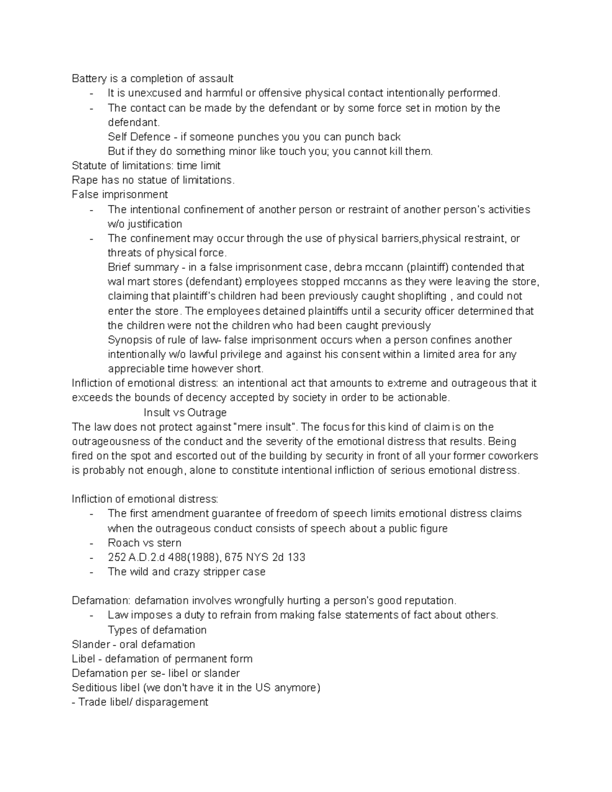 Law notes 3 - lesson 3 - Battery is a completion of assault - It is ...