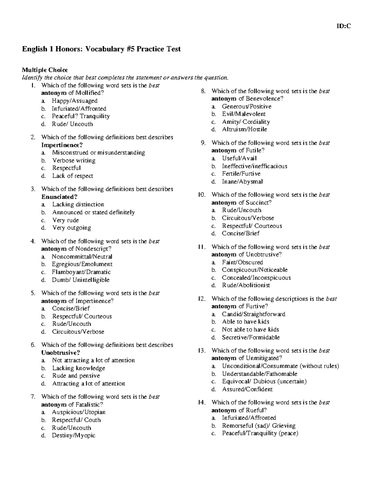 Vocab 5 IDC Practice test English 1 Honors Vocabulary 5 Practice