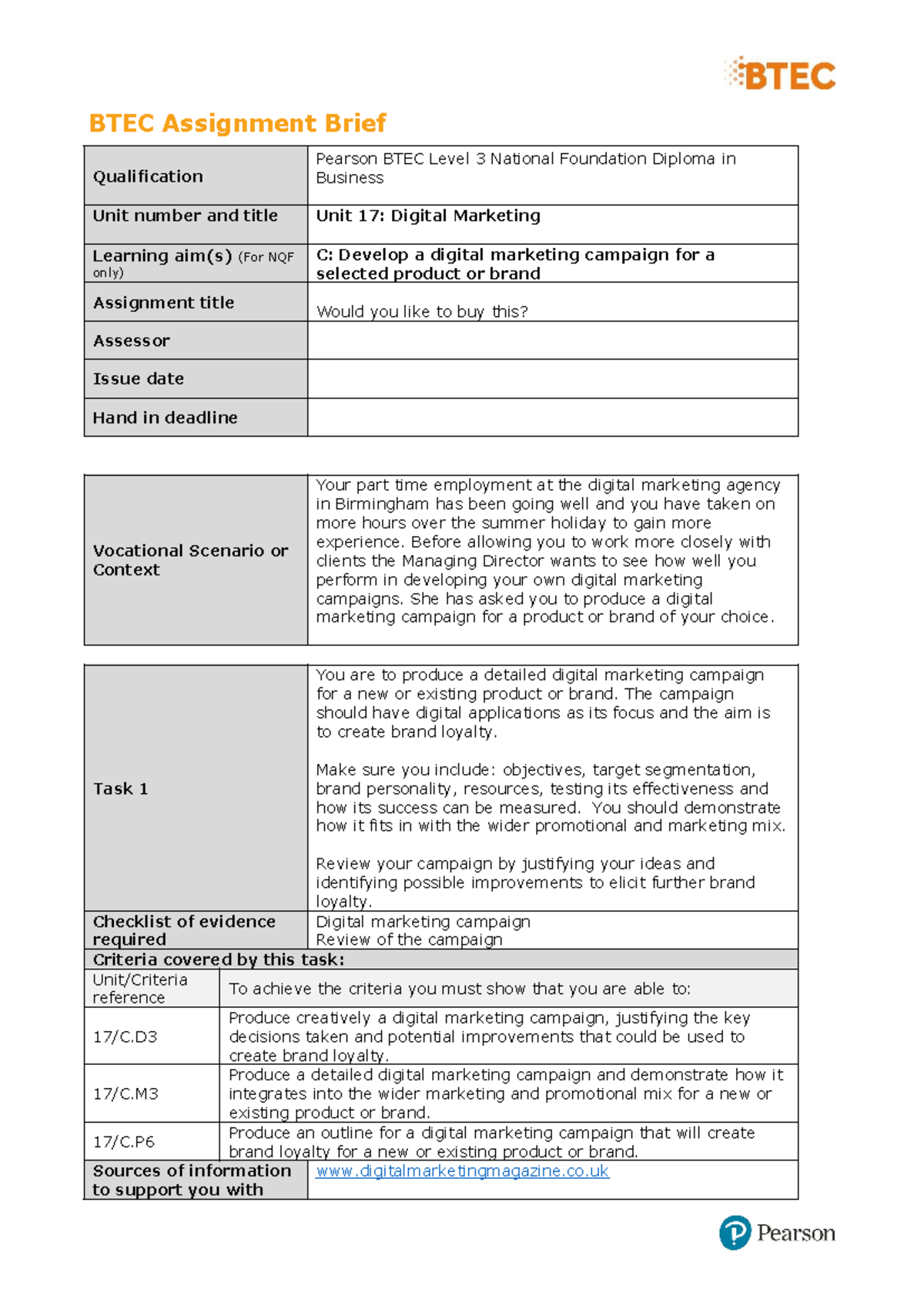 unit 17 assignment 2 business level 3