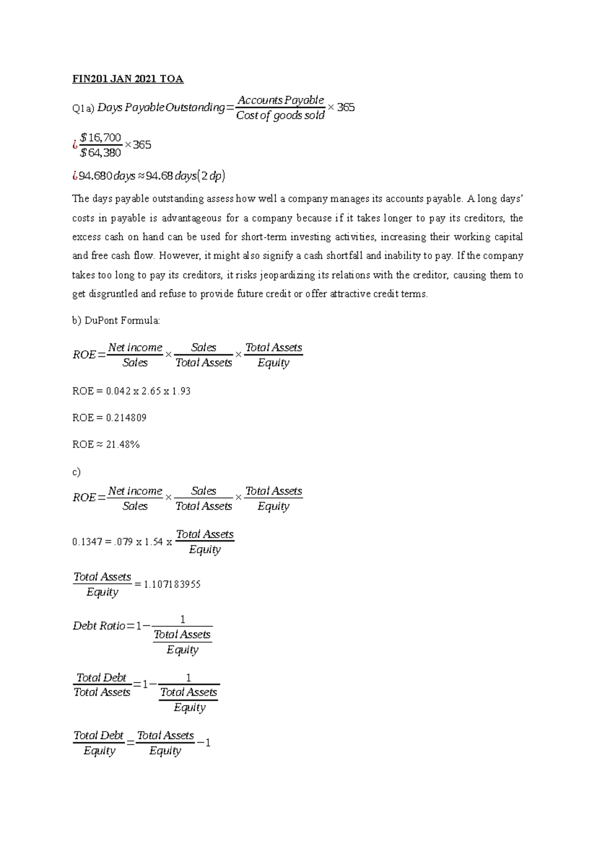 FIN203 JAN 2021 TOA Answers - FIN201 JAN 2021 TOA Q1a) Days Payable ...