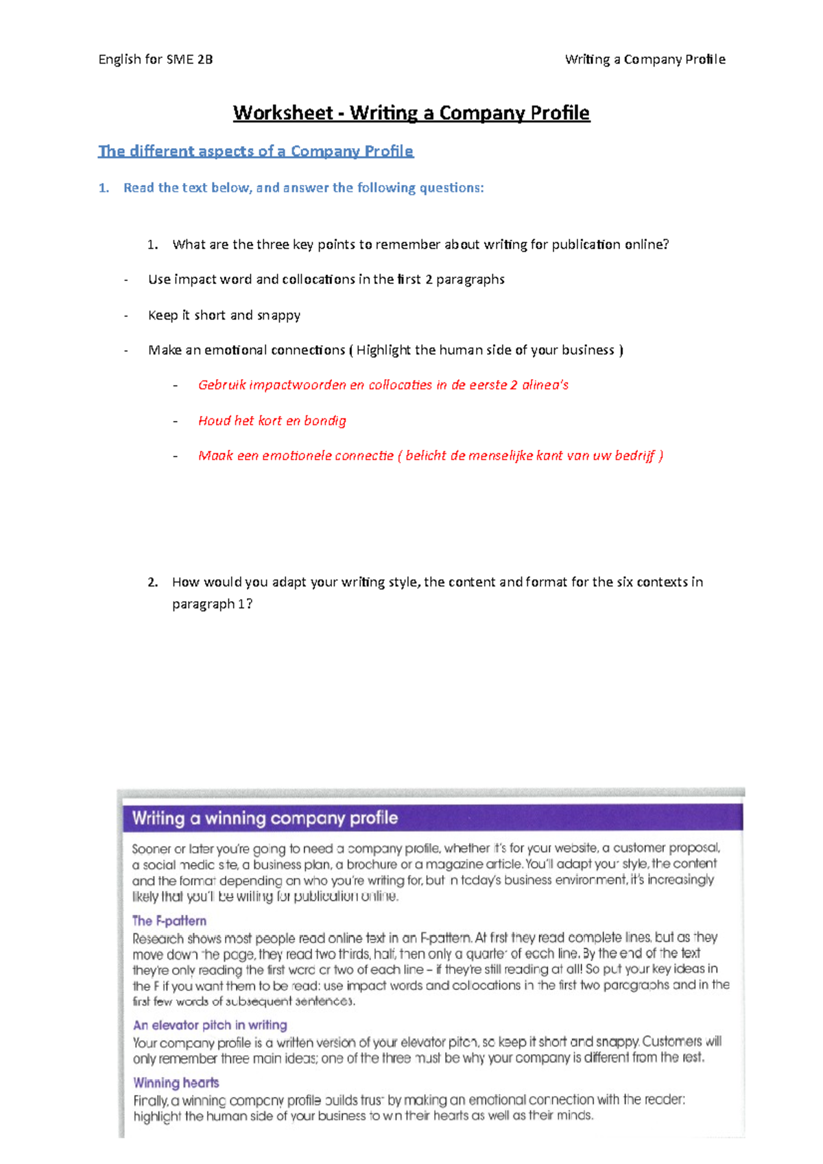 Work sheet - Writing A Company Profile - Worksheet - Writing a Company ...