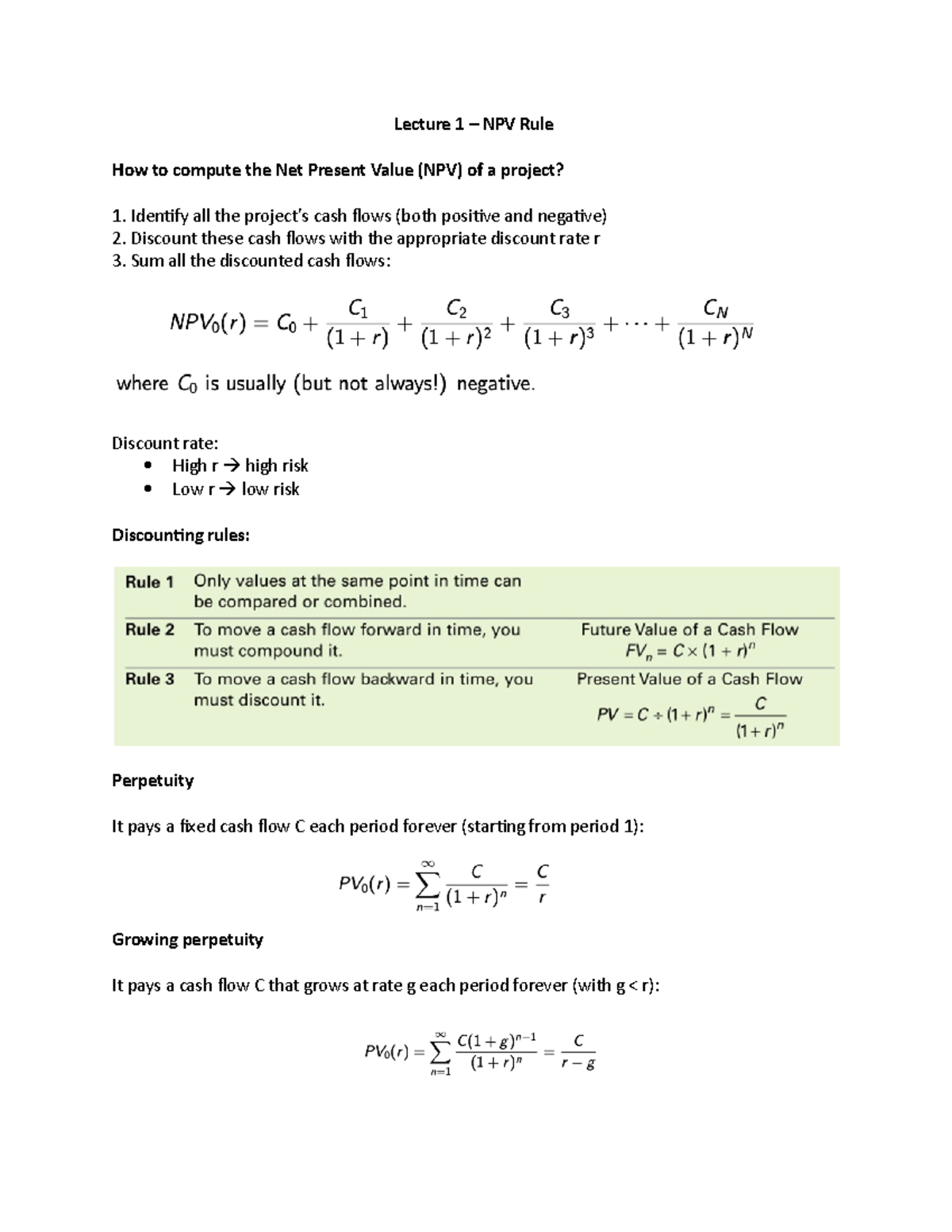 2. NPV rule - Net present value - Lecture 1 – NPV Rule How to compute ...