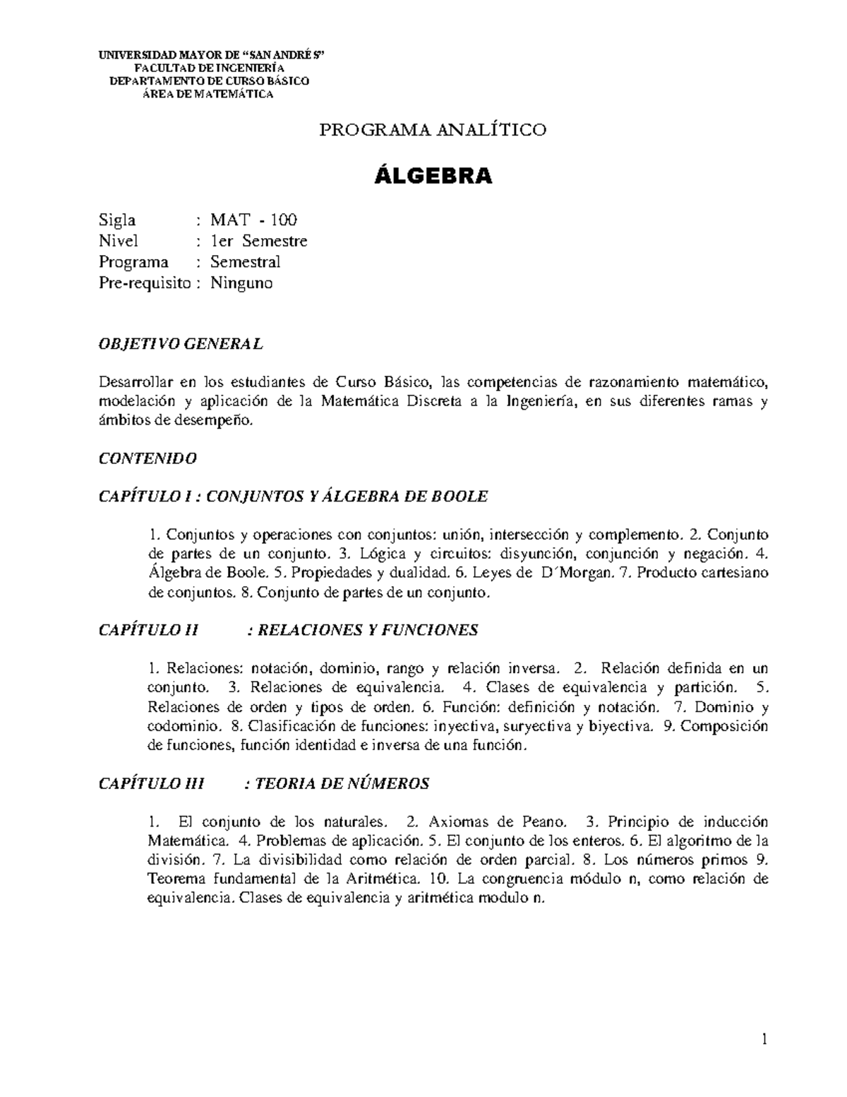 Programa mat 100 - UNIVERSIDAD MAYOR DE “SAN ANDRÉS” FACULTAD DE ...