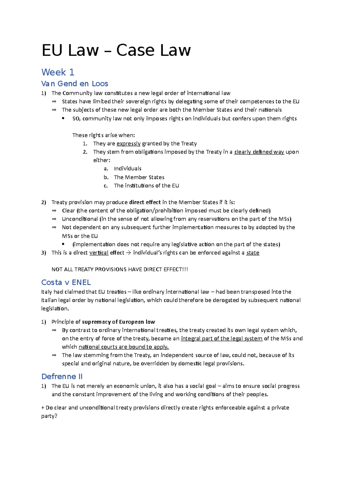EU Law case law summary EU Law Case Law Week 1 Van Gend en Loos The