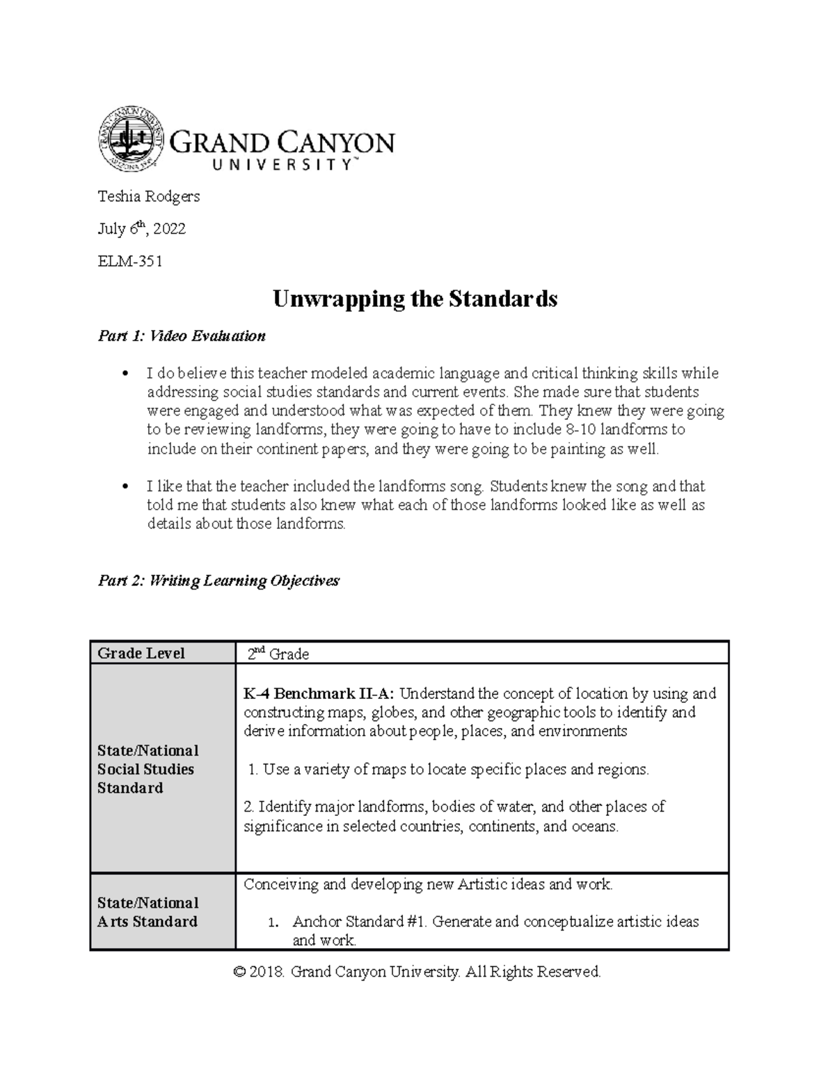 ELM 351 TRodgers T1 Unwrapping the Standards Chart Teshia Rodgers