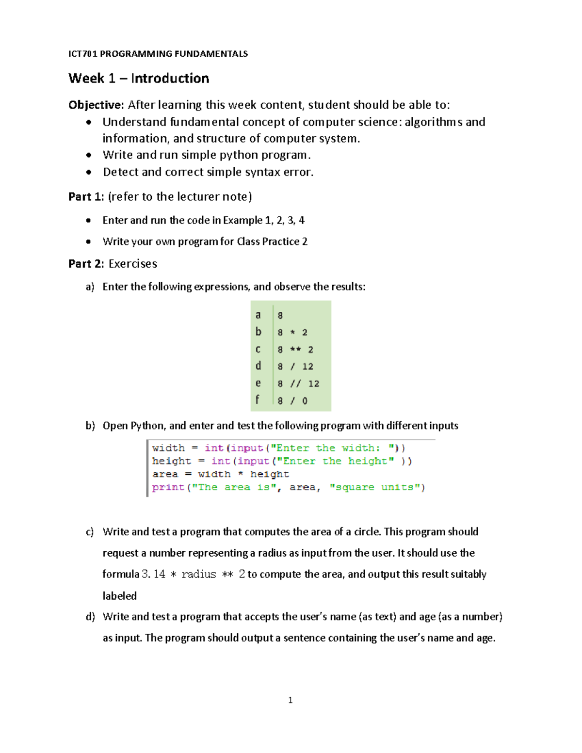 Lab 1 - its good - ICT701 PROGRAMMING FUNDAMENTALS 1 Week 1 ...