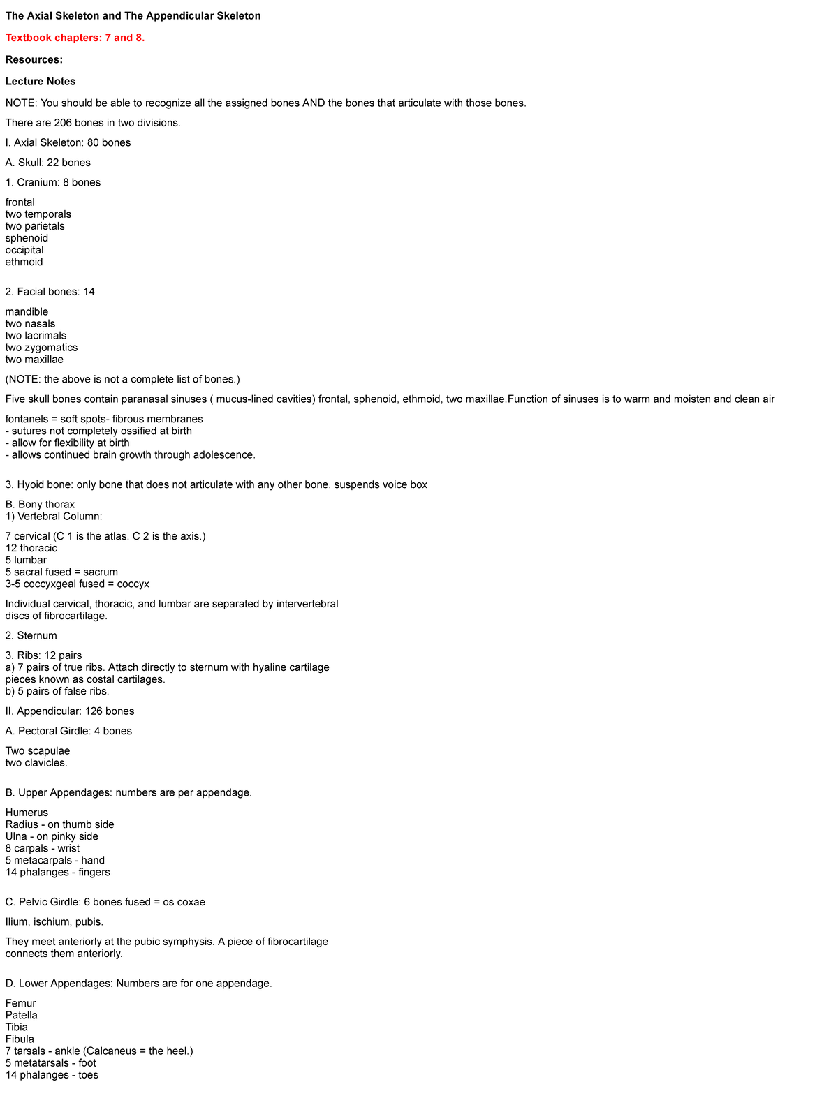 Axial and Appendicular Divisions Lecture notes The Axial Skeleton and