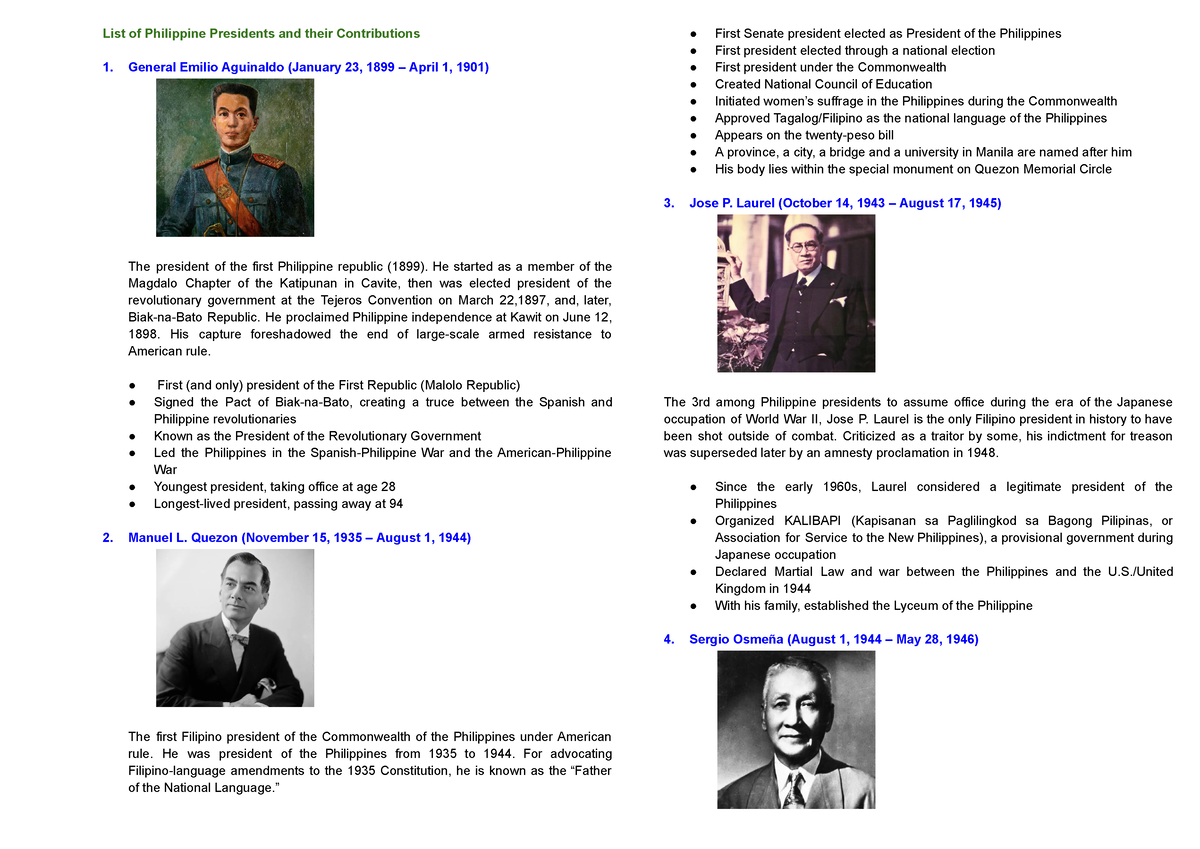 List of Philippine Presidents and their Contributions - General Emilio ...