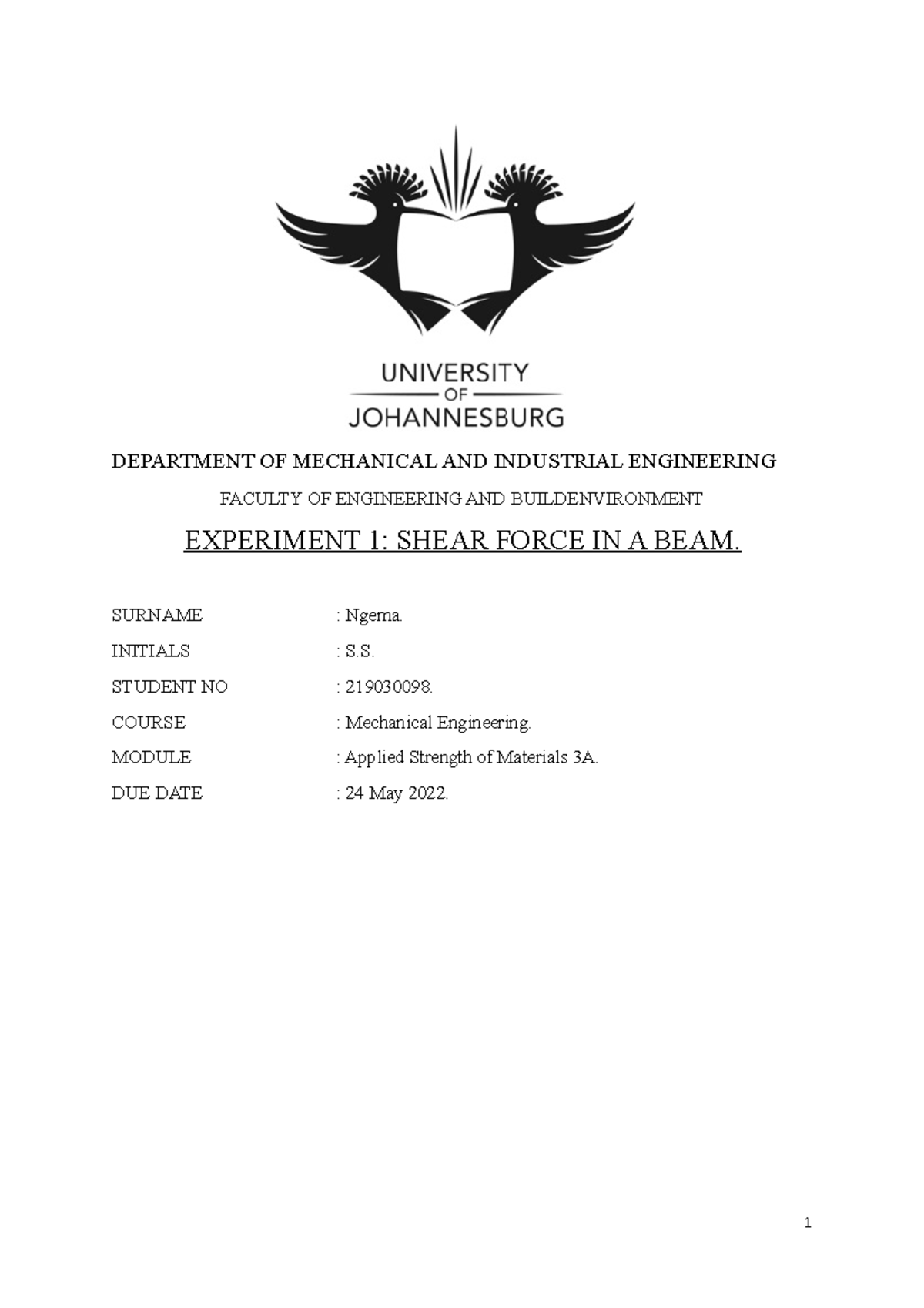 Shear Force IN A BEAM LAB Report - DEPARTMENT OF MECHANICAL AND ...