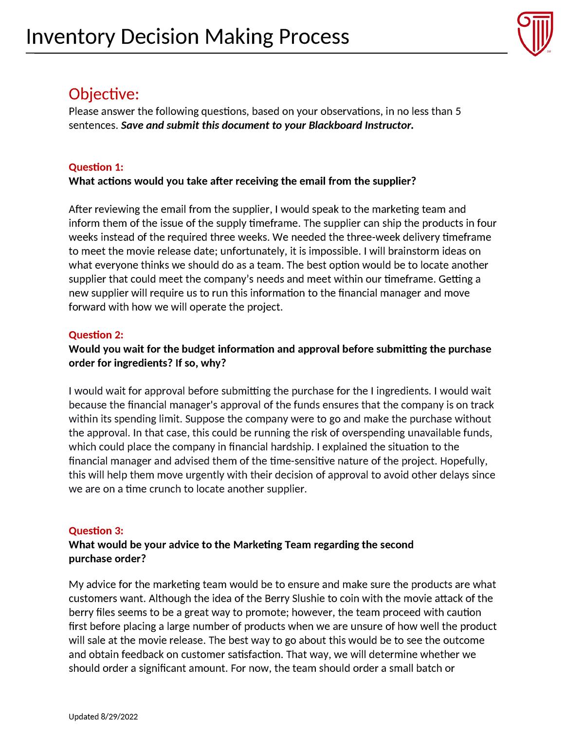 week 6 assignment inventory decision making activity