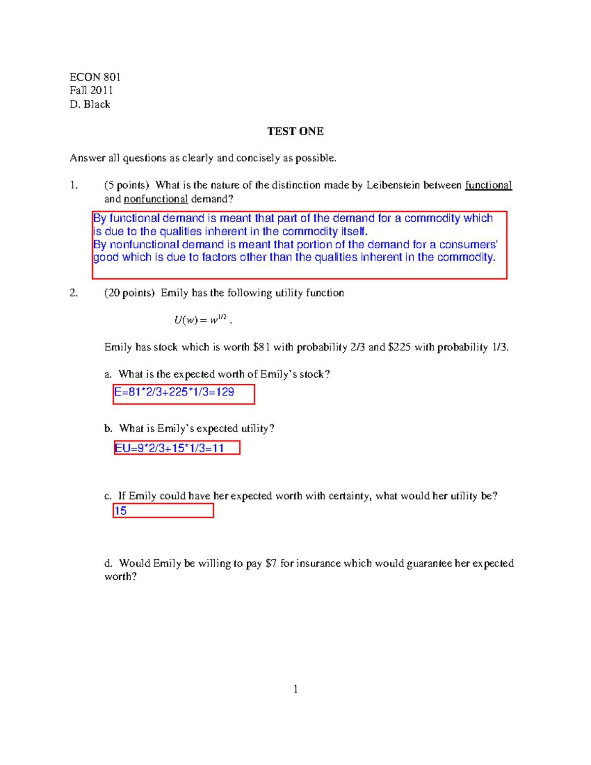 EC801Test Onef 11 - test - ECON 801 Fall 2011 D. Black TEST ONE Answer ...