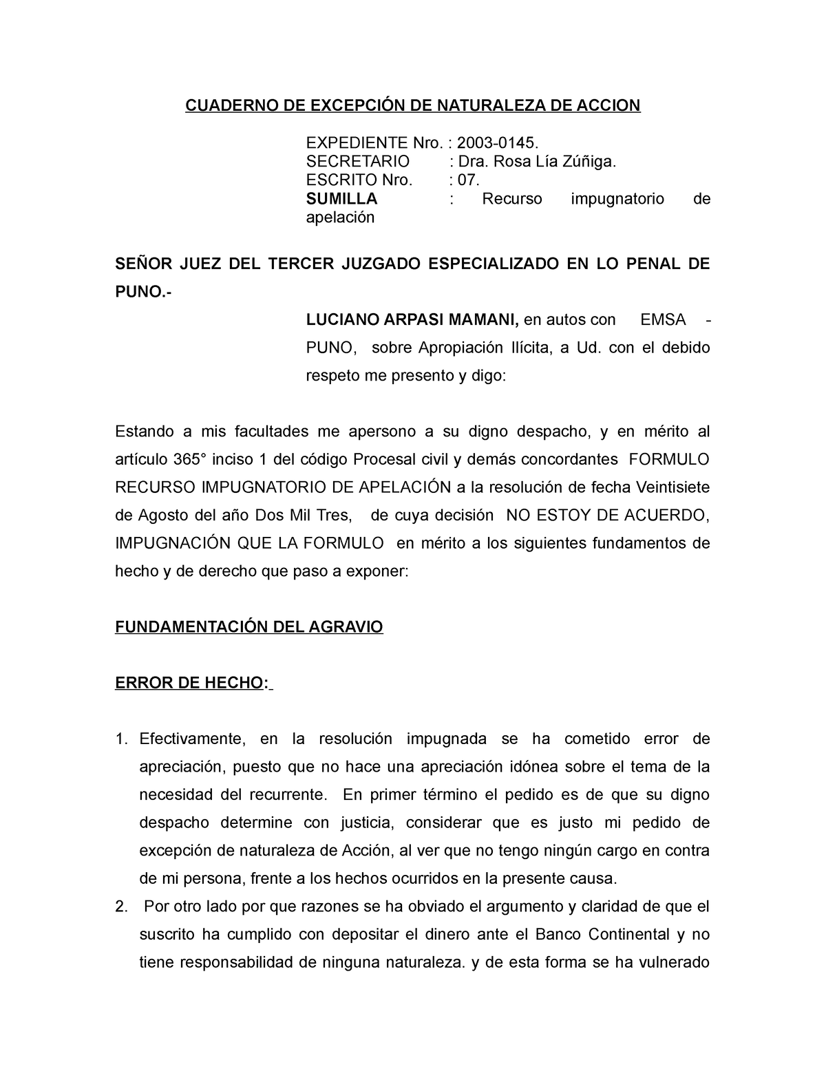 Apelacion Luciano Arpasi - CUADERNO DE EXCEPCIÓN DE NATURALEZA DE ...