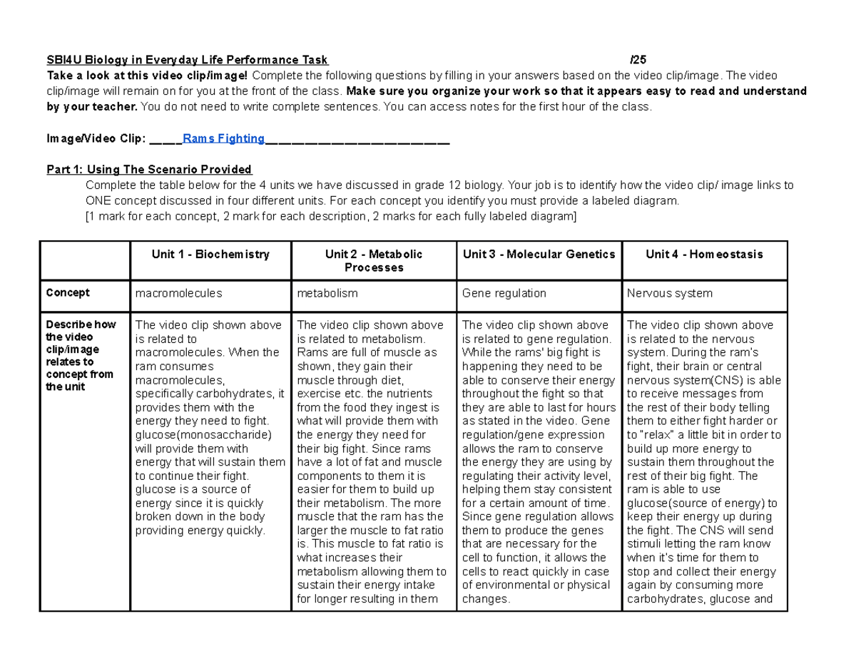 SBI4U Biology in Everyday Life Performance Task - Studocu
