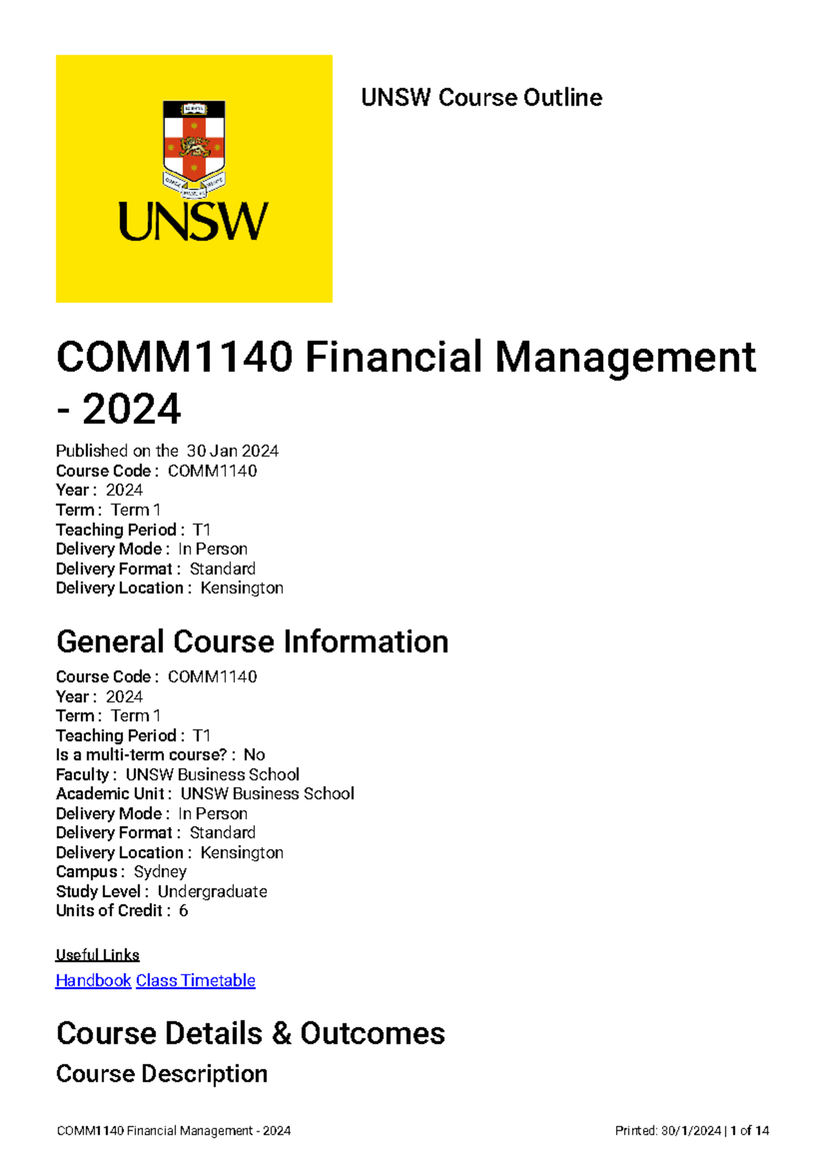 COMM1140 Course Outline - UNSW Course Outline COMM1140 Financial ...