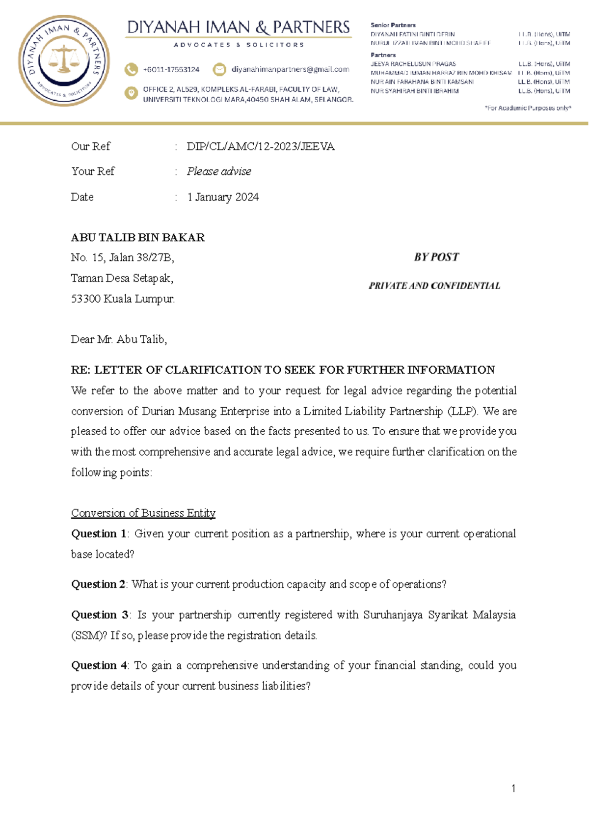Letter OF Clarification - Our Ref : DIP/CL/AMC/12-2023/JEEVA Your Ref ...