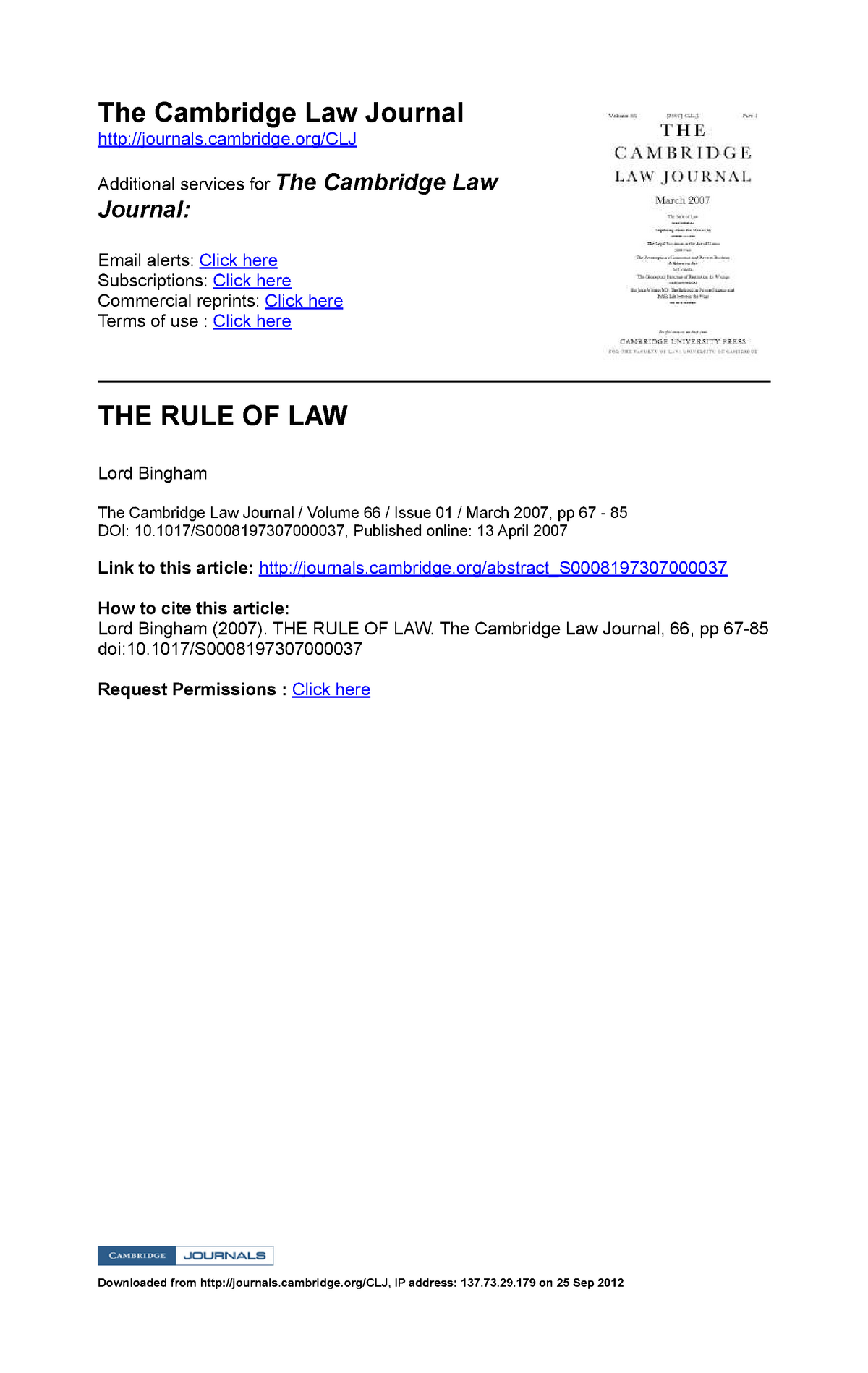 Bingham The Rule Of Law - Jjj - The Cambridge Law Journal Additional ...